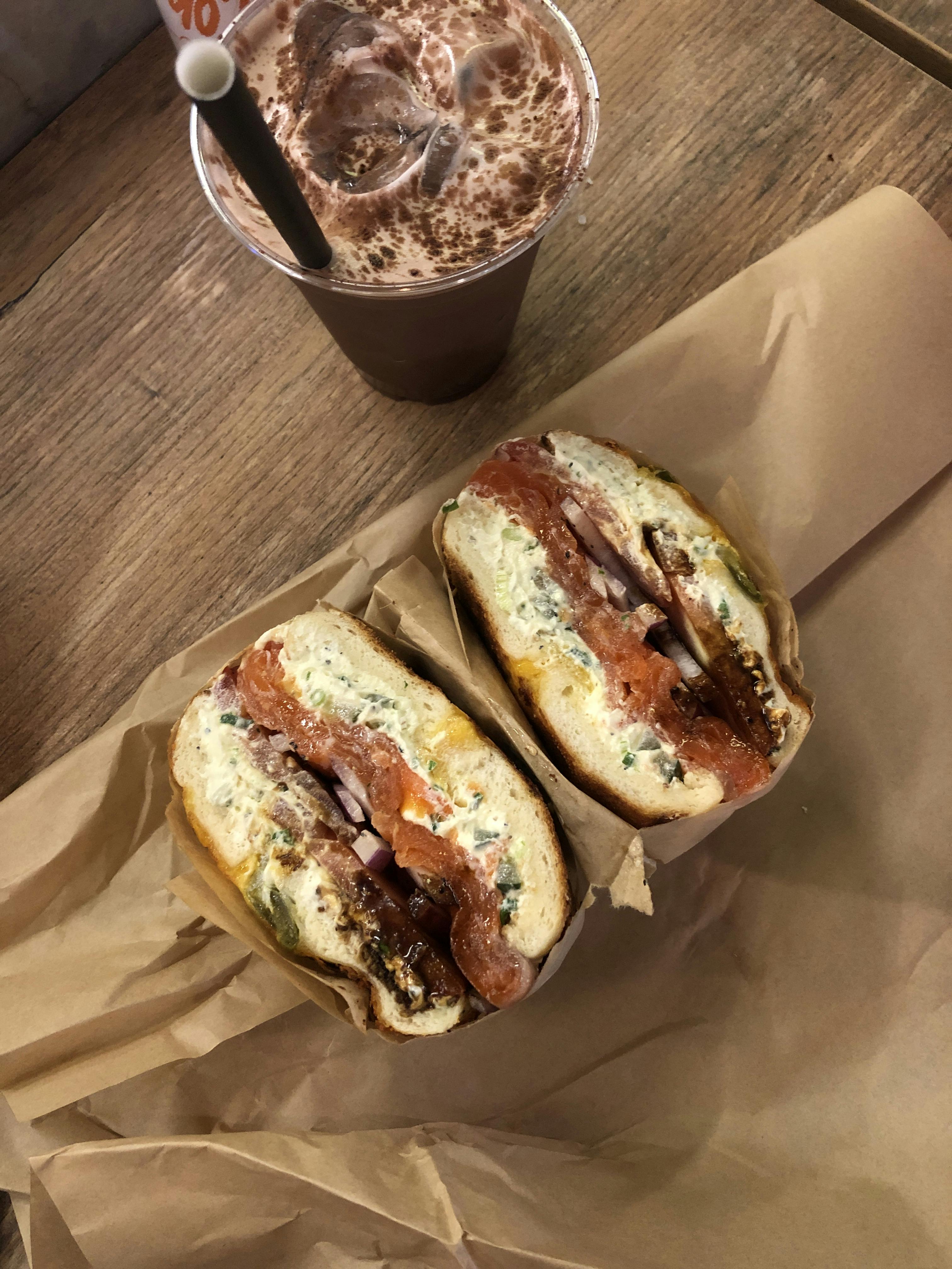 A bagel and a drink at Two Men Bagel House 