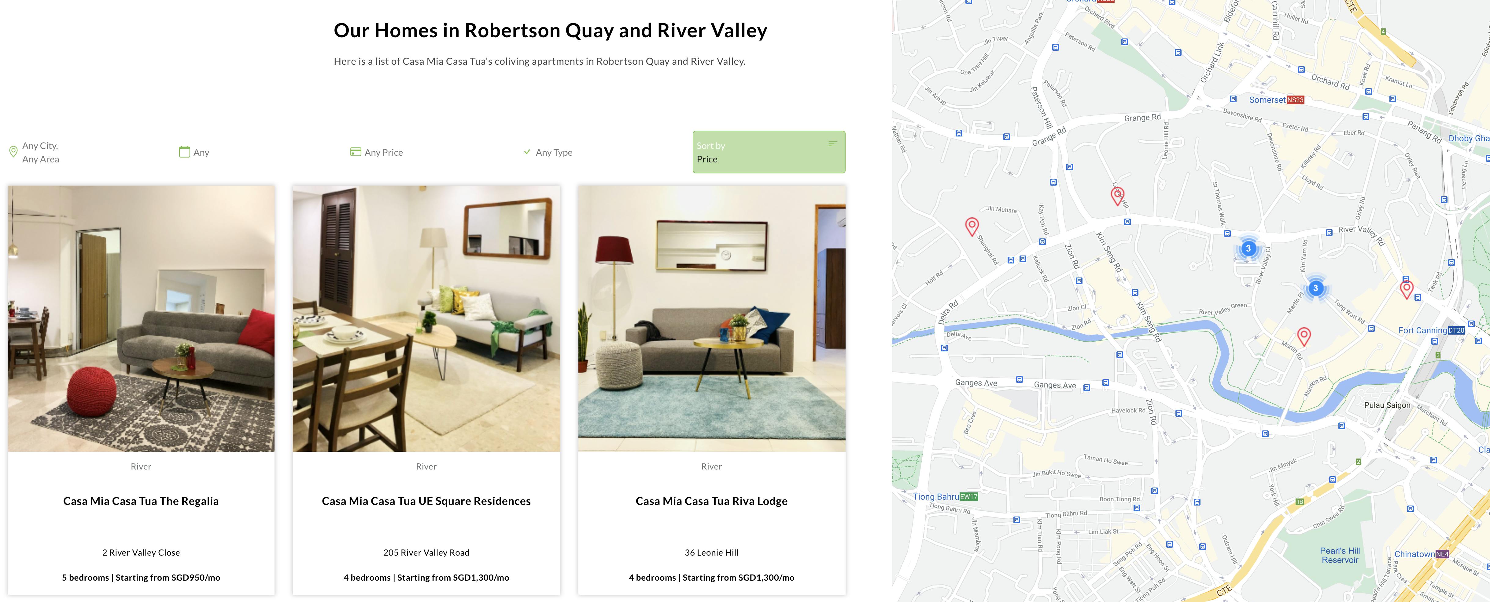 Casa Mia Coliving website with the listings in Robertson Quay and River Valley