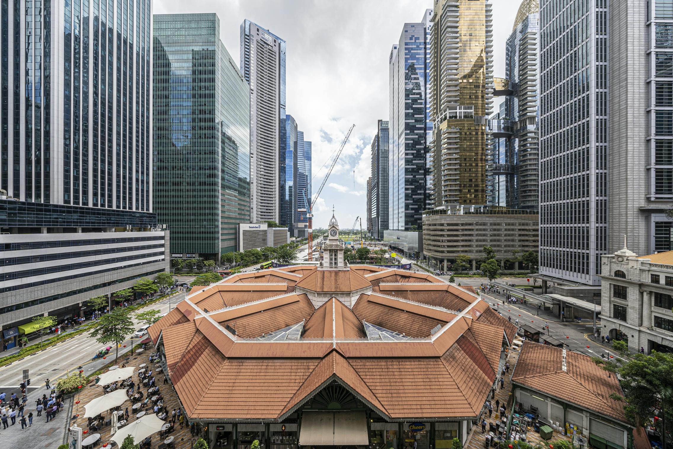 View of the top of Lau Pa Sat food centre from Robinson Suites in Singapore