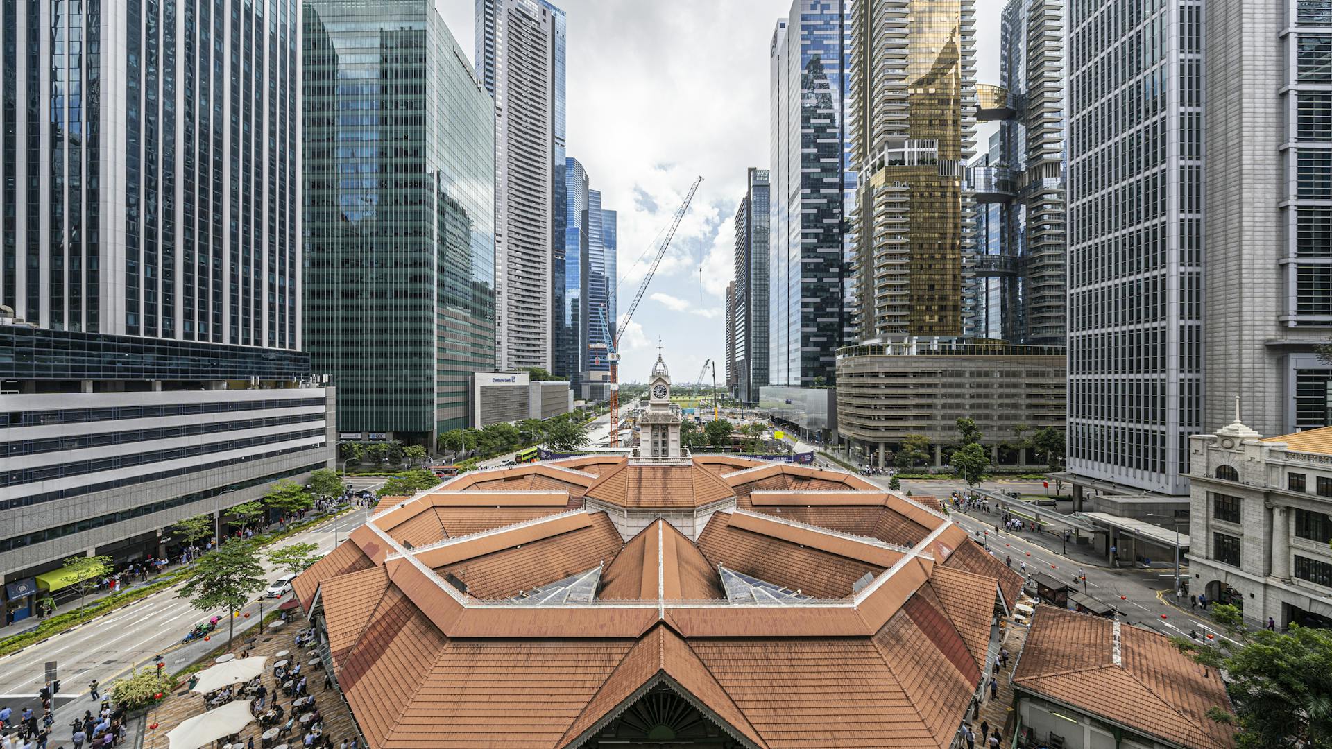View of the top of Lau Pa Sat food centre from Casa Mia Robinson Suites in Singapore
