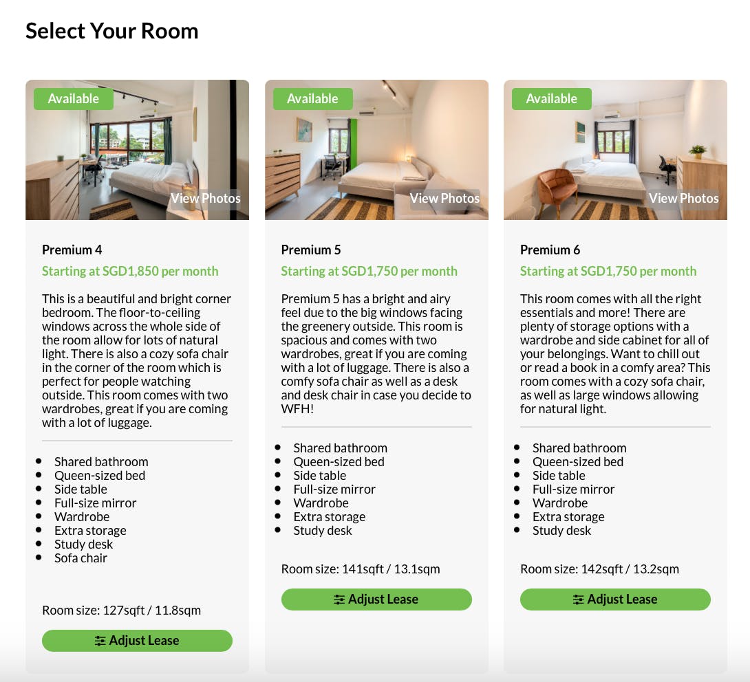 selecting room and showing room availability. bedrooms with text