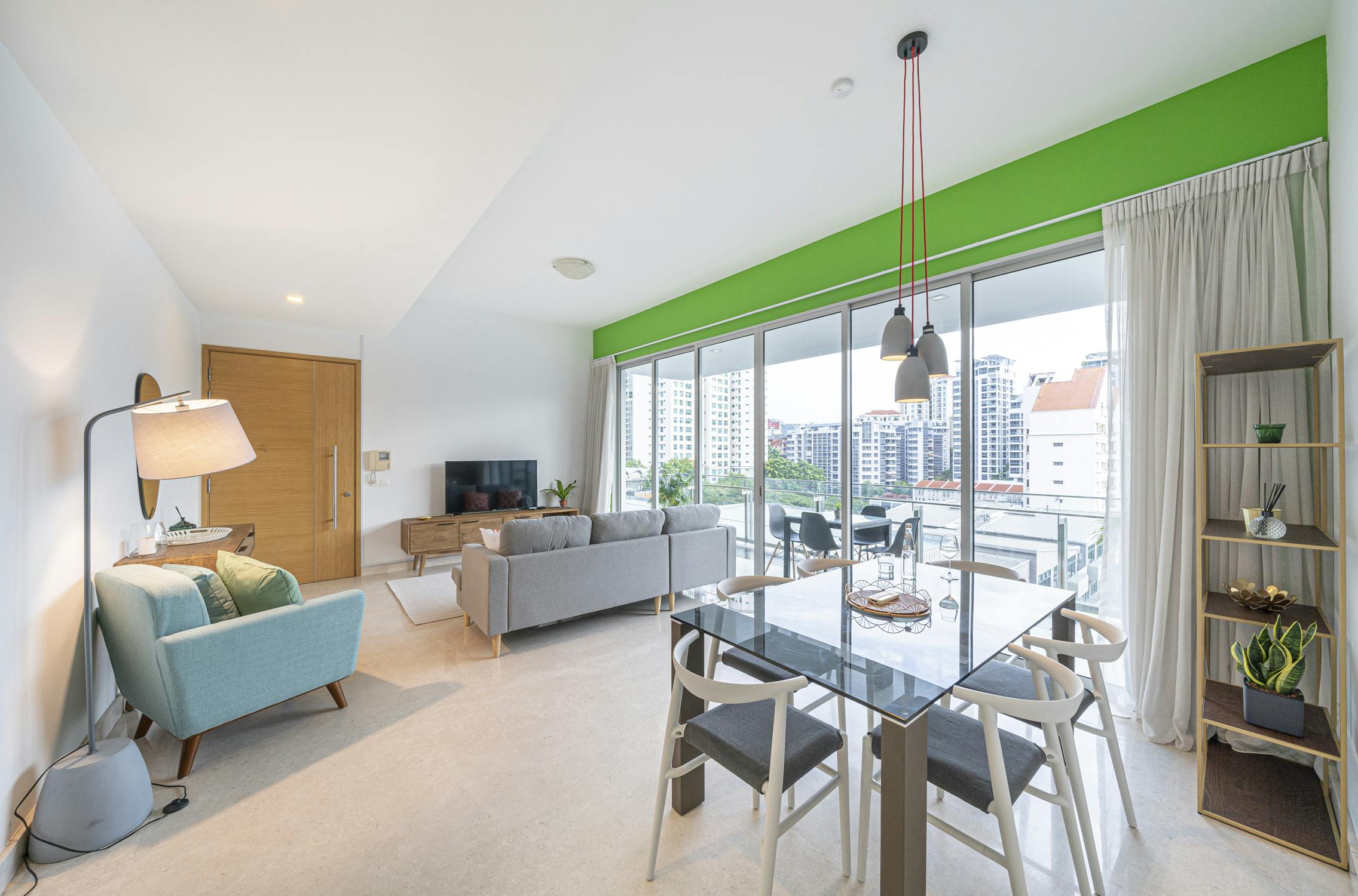 Living room, dining table and large balcony