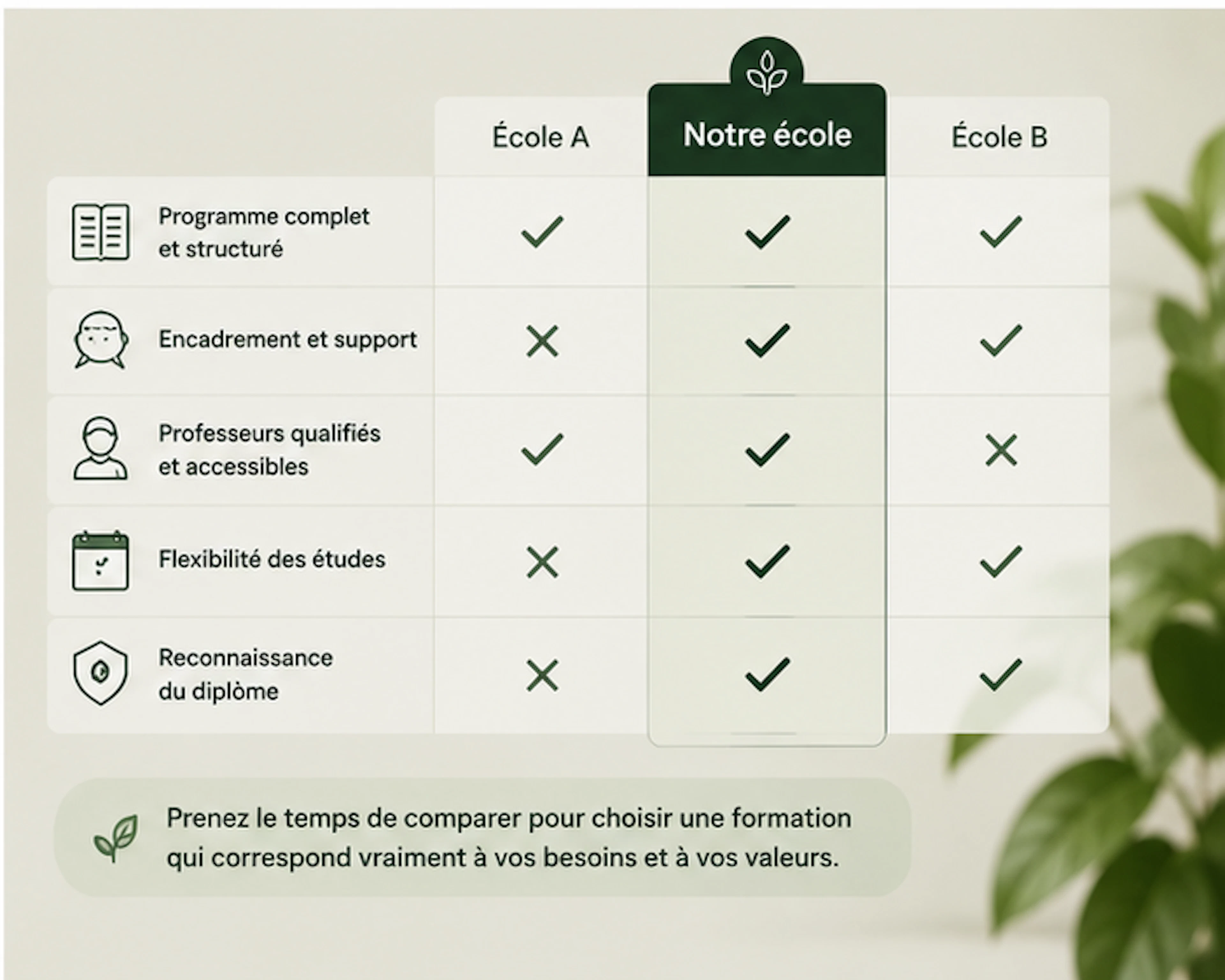 Comparison grid between naturopathy schools