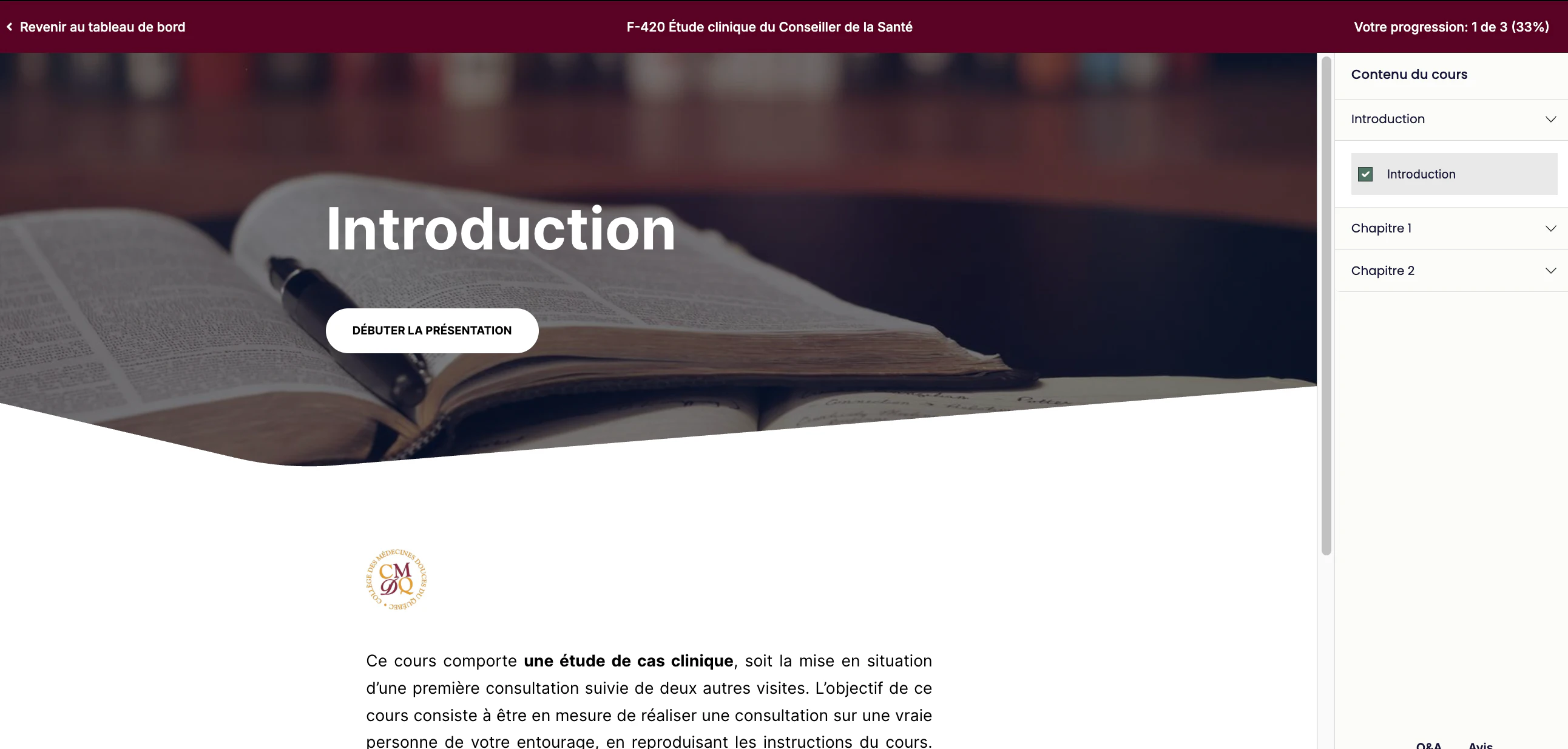 A course outline with its chapters, on the CMDQ platform