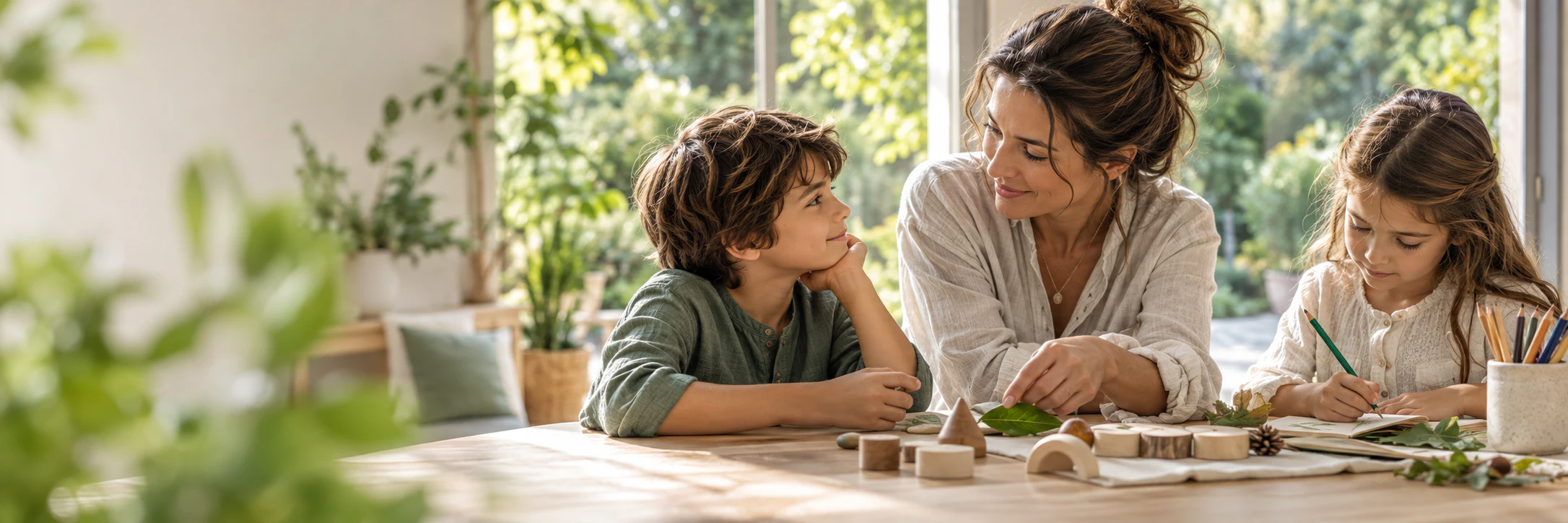 Une femme accompagne deux enfants dans une activité d’apprentissage autour d’une table garnie d’objets en bois et de feuilles