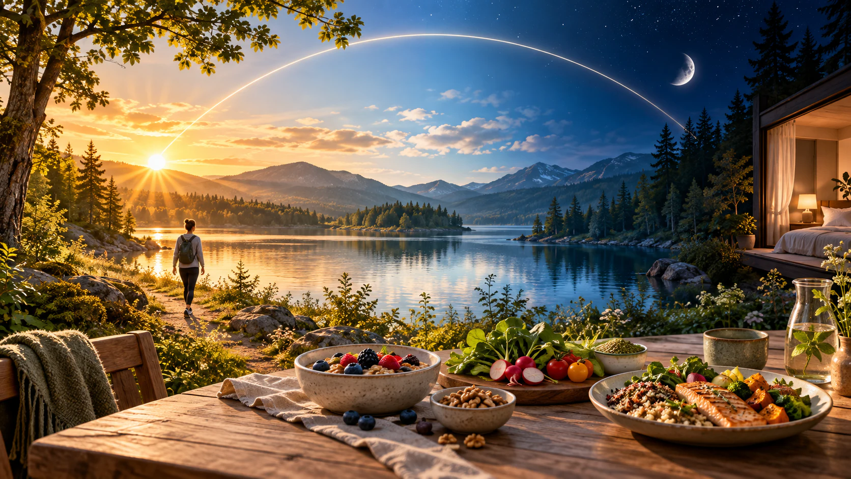 From sunrise to nightfall, the path of the sun and moon over a lake, beside a table set with healthy meals