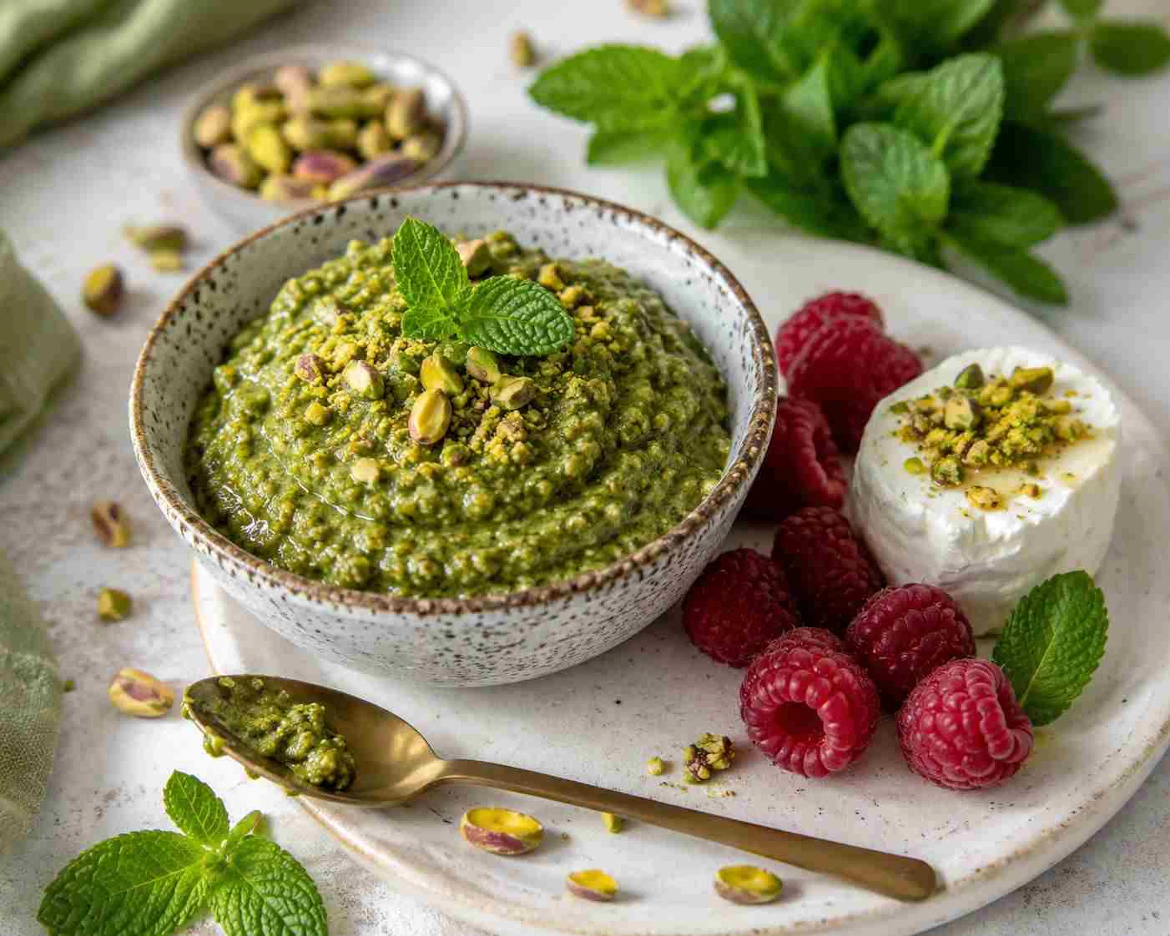 Pesto sucré menthe-pistache servi avec des fraise et du fromage frais de chèvre