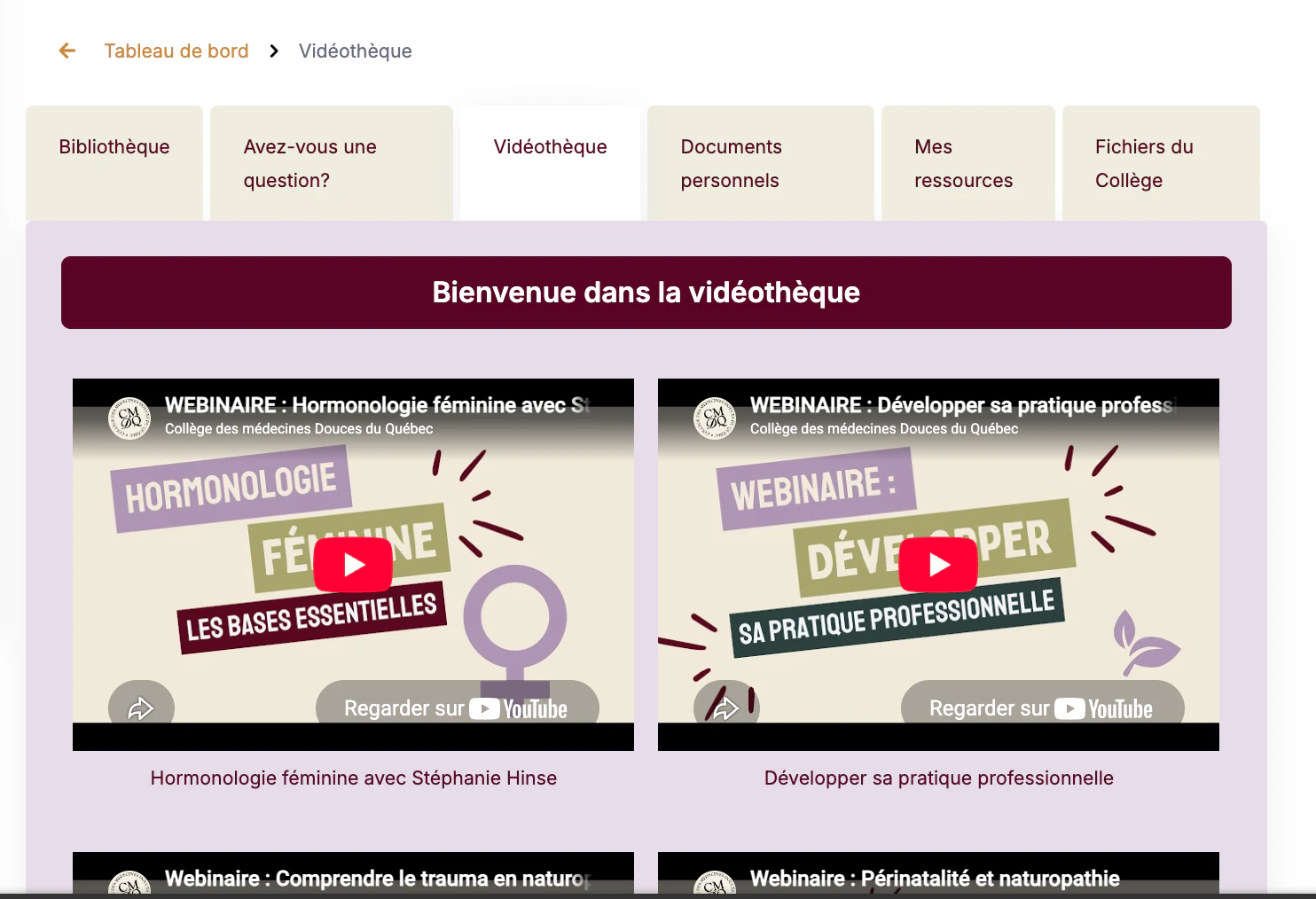 The CMDQ student platform's video library of webinars