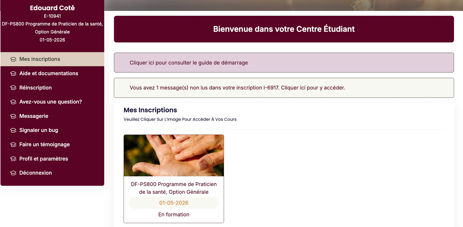 The CMDQ student platform's dashboard, showing current enrolments