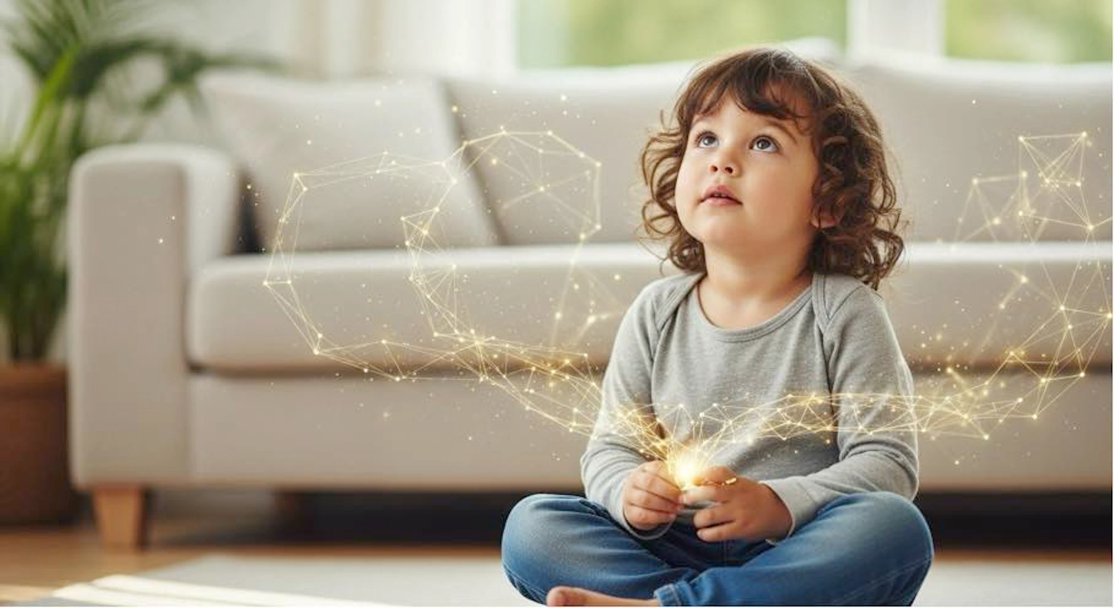 Enfant assis au sol dans un salon, le regard levé, entouré de motifs lumineux