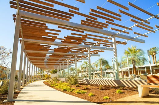 Large outdoor canopy constructed from galvanized steel elements, demonstrating long-term corrosion protection and durability through galvanizing by Coatinc US.