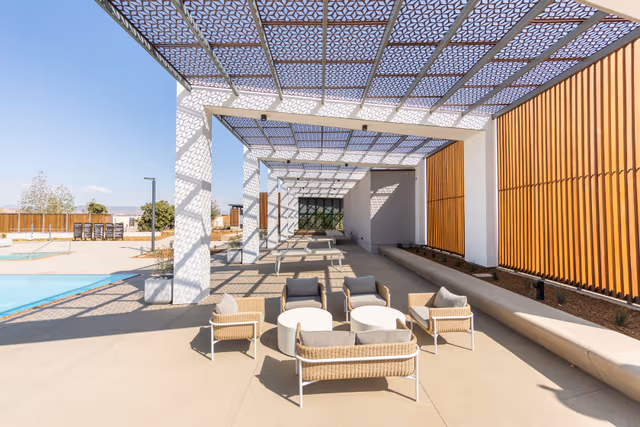 Galvanized steel canopy covering a pool and terrace area, demonstrating durable corrosion protection by Coatinc US in Arizona, Utah, and Nevada