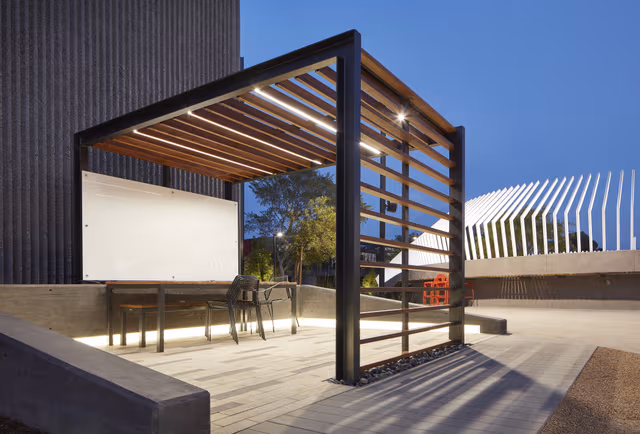 Steel terrace canopy protected with galvanizing by Coatinc US, delivering durable corrosion resistance for projects in Arizona, Utah, and Nevada.