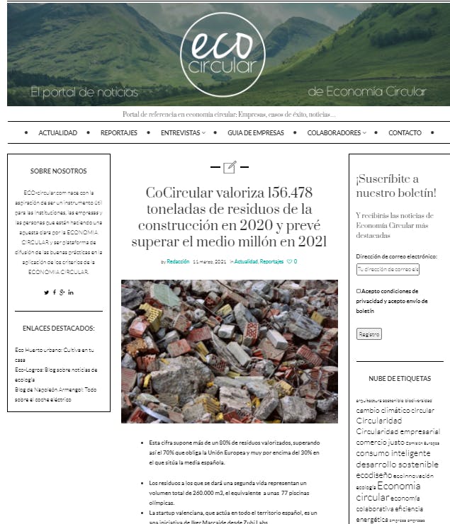 La portal de noticias de Economía Circular recoge la noticia sobre las toneladas de residuos valorizadas por CoCircular, 