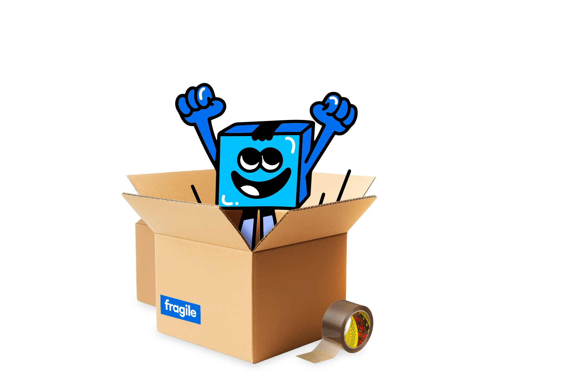 Mascotte qui sort d'un colis