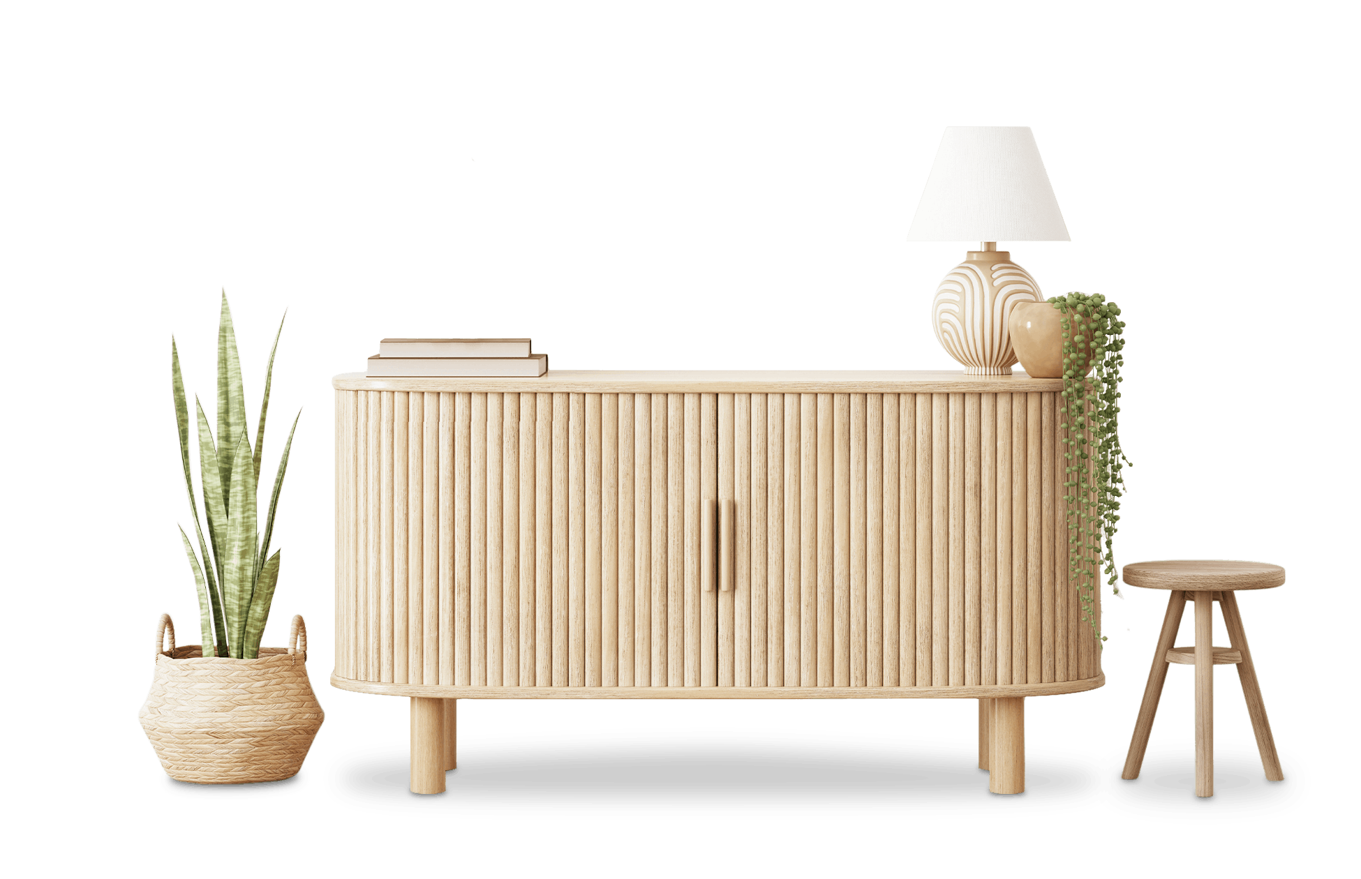 objetos deco : cómoda, lámpara, plantas, taburete