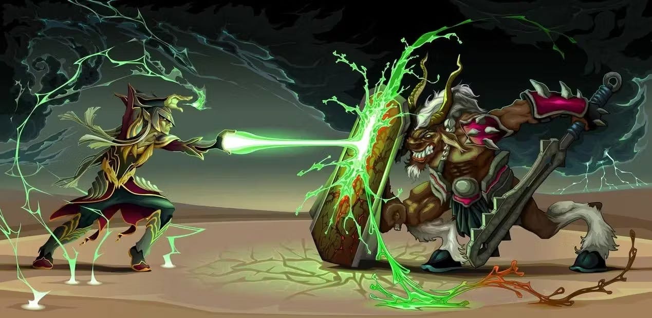 Mage shooting beam against Warrior 