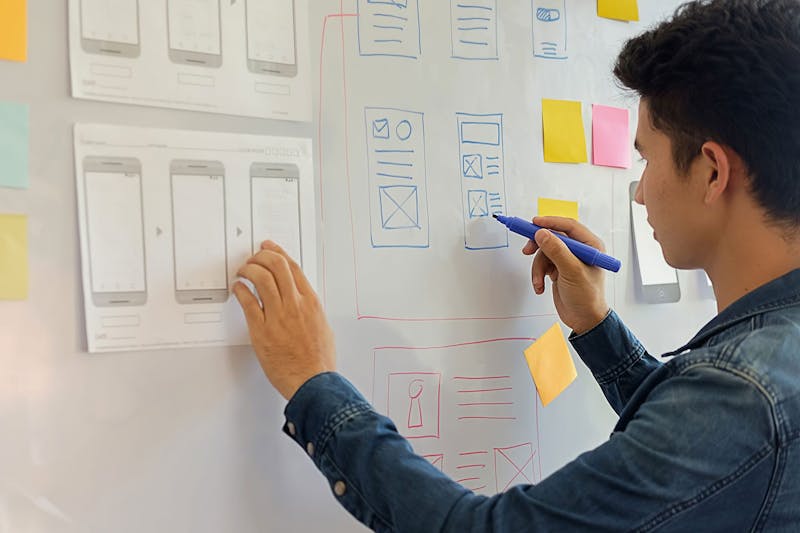 A UX designer working on a whiteboard with wireframe designs and notes