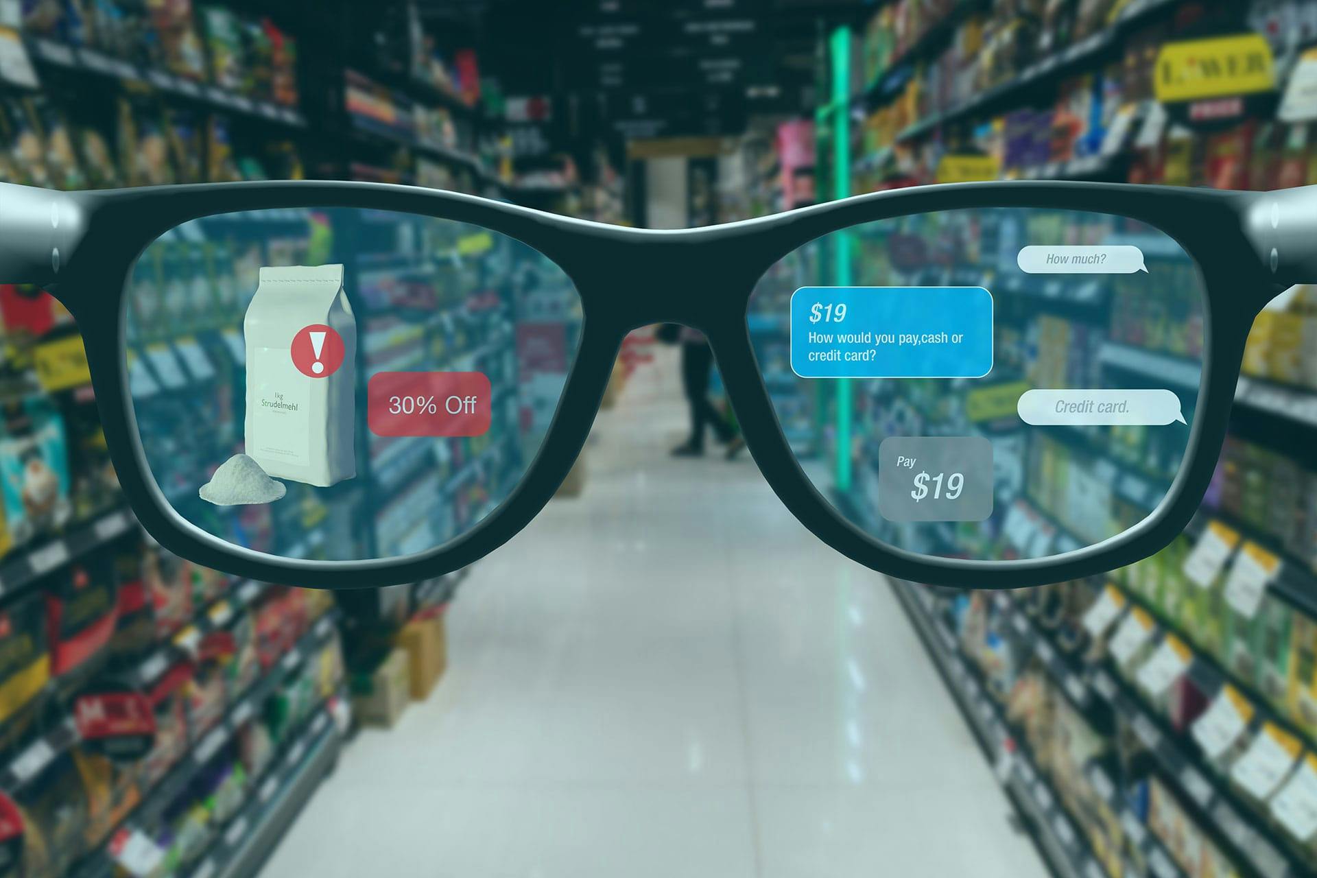 A simulated view through augmented reality (AR) glasses in a grocery store.