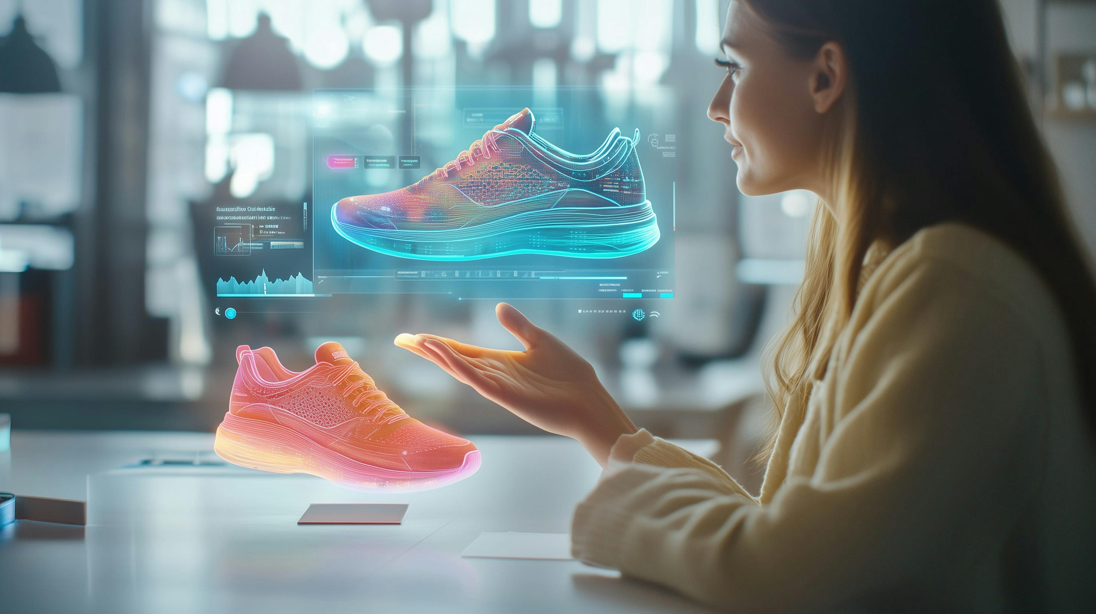 An XR experience of a woman shopping and interacting with a digital model of a sneaker