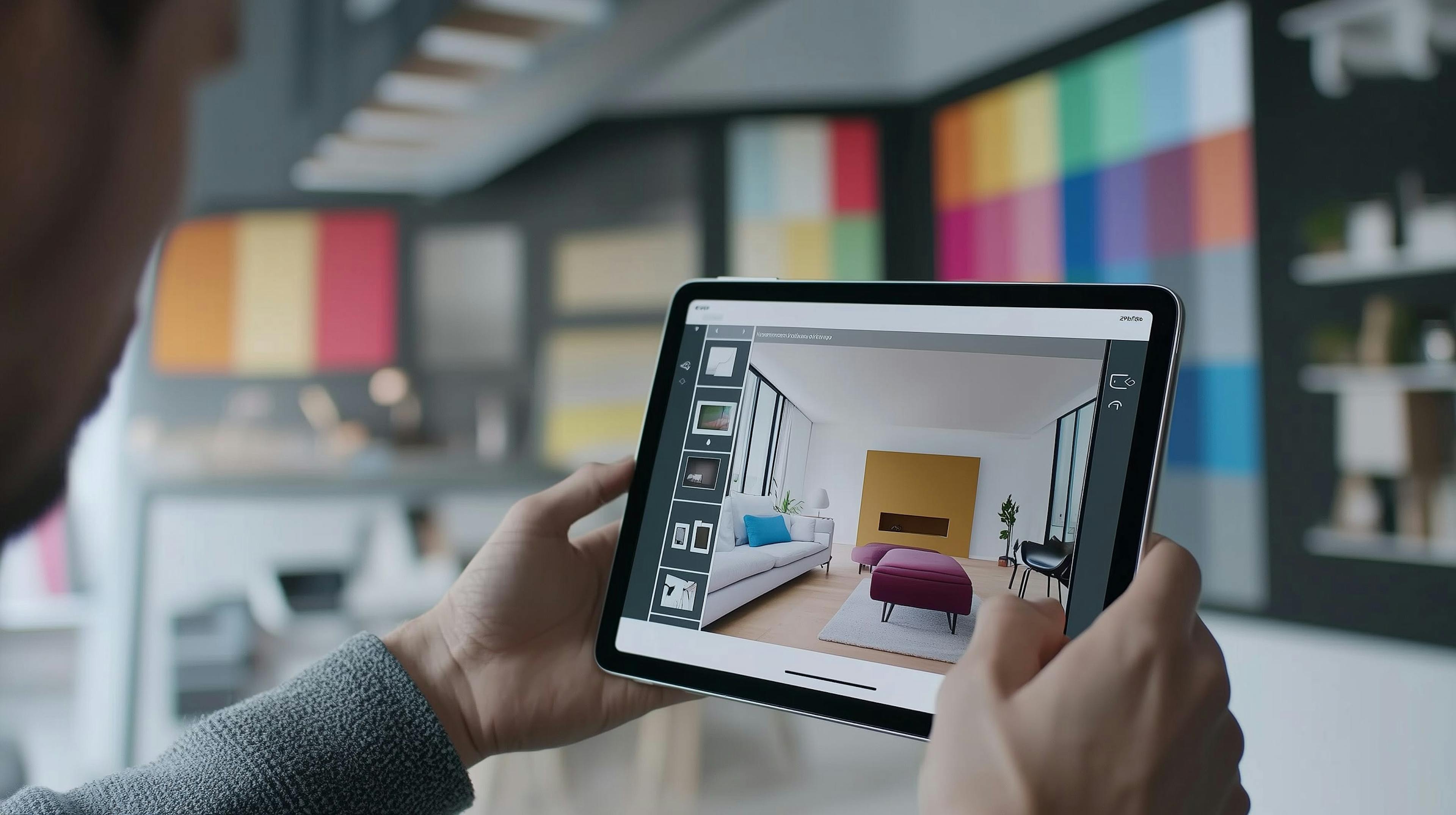 A virtual showroom experience on a handheld tablet, showcase AR technology