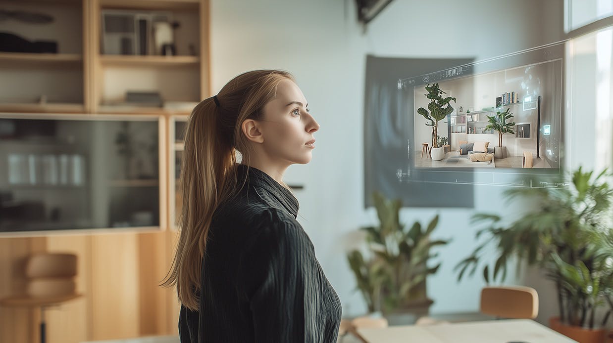 A woman watches an XR ad for an interior design firm