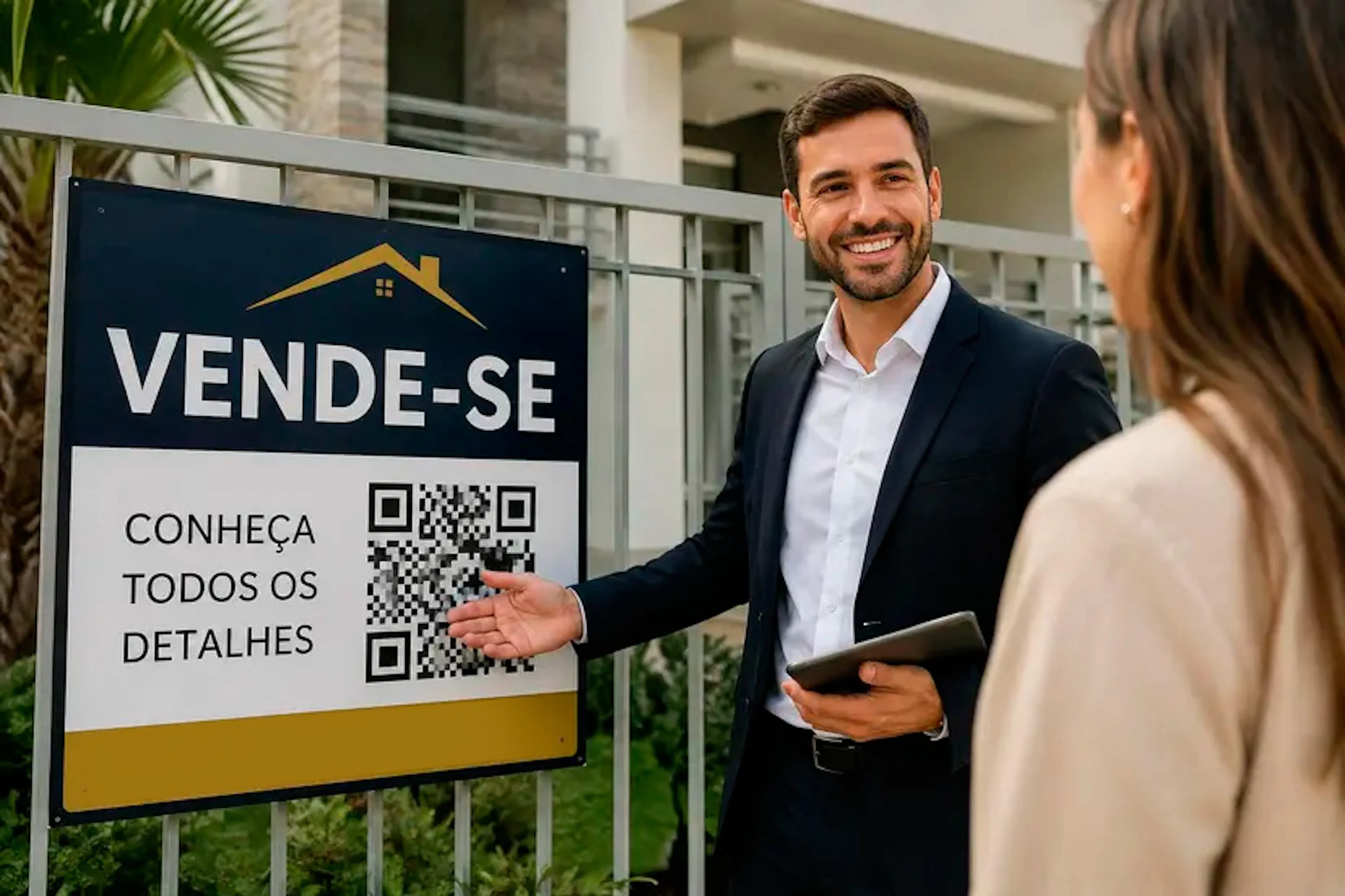 Corretor de imóveis mostrando um QR Code em uma placa de venda para um comprador