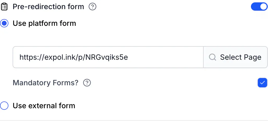 The Pre-redirection form section with a platform page selected and the Mandatory Forms? checkbox ticked