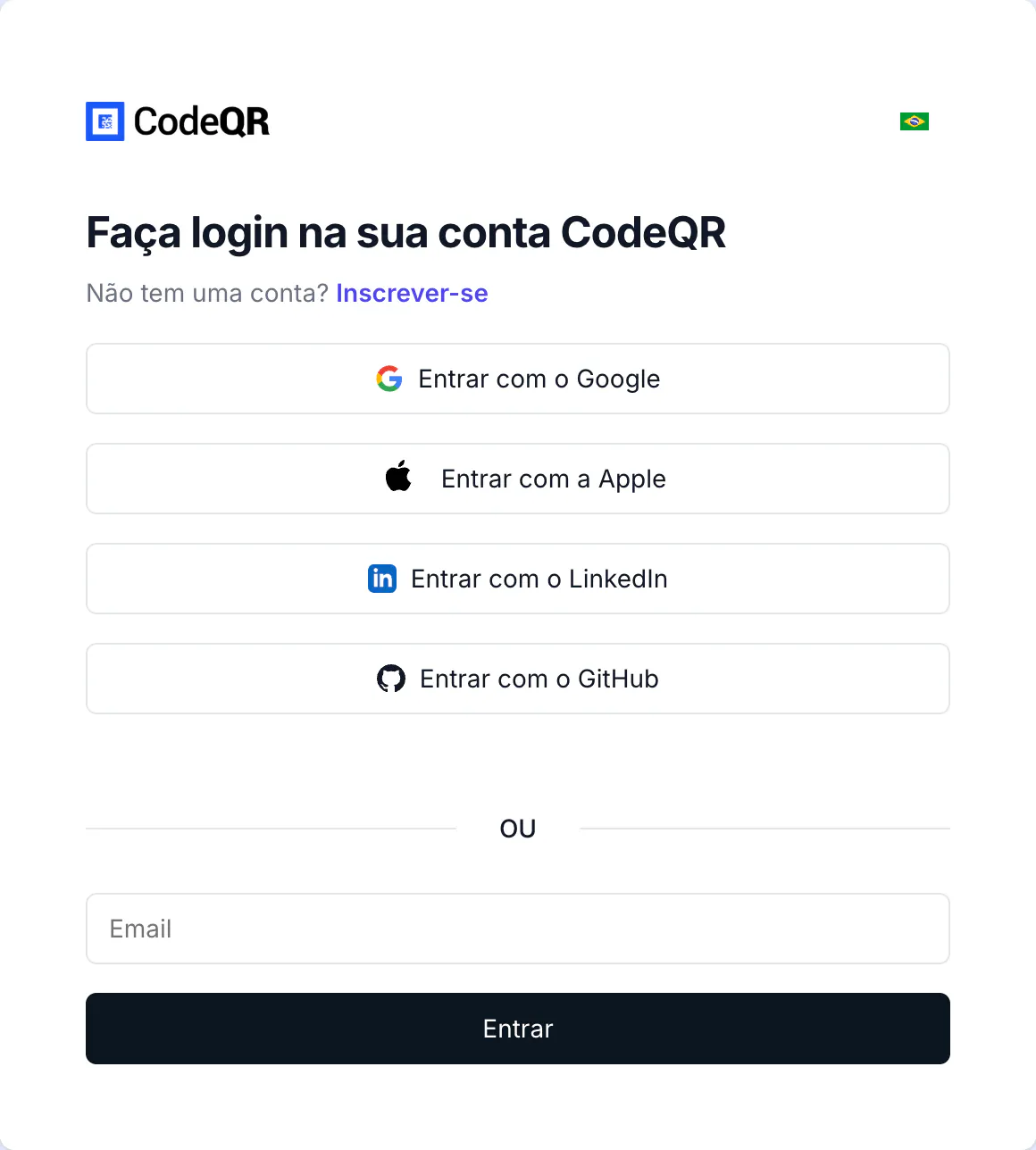 Página de login da CodeQR com os botões de Google, Apple, LinkedIn e GitHub, e abaixo o campo de e-mail