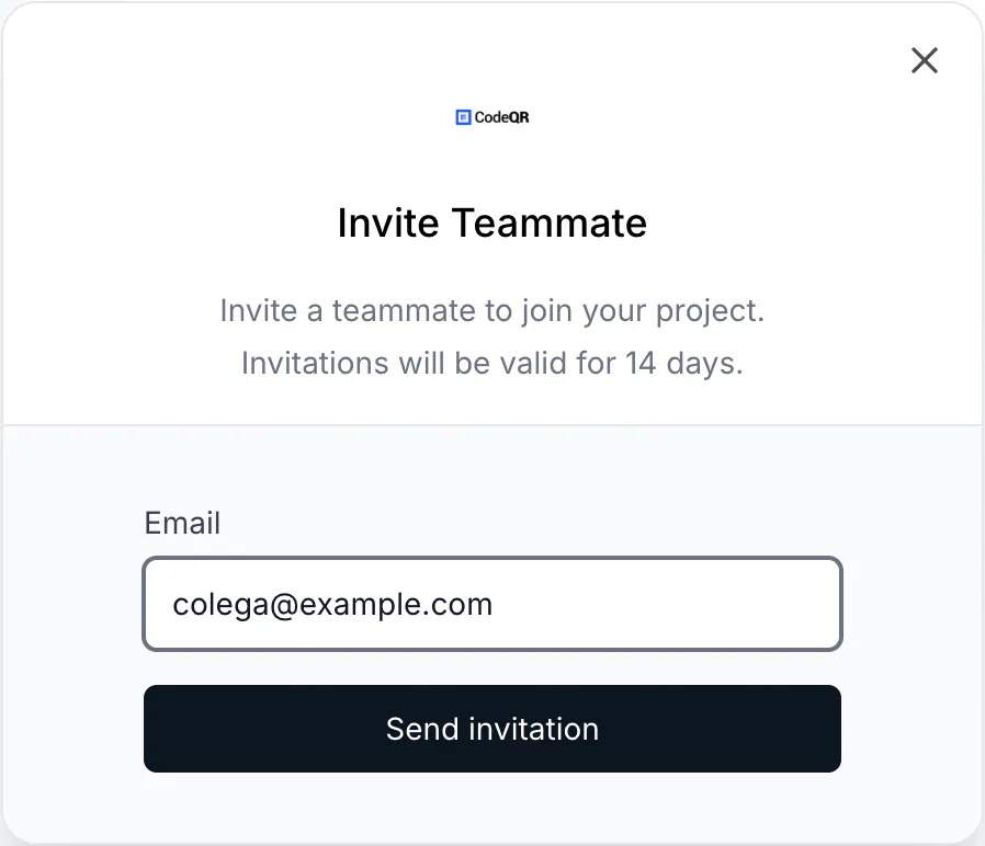 The invite dialog asking only for an e-mail and stating that invitations are valid for 14 days