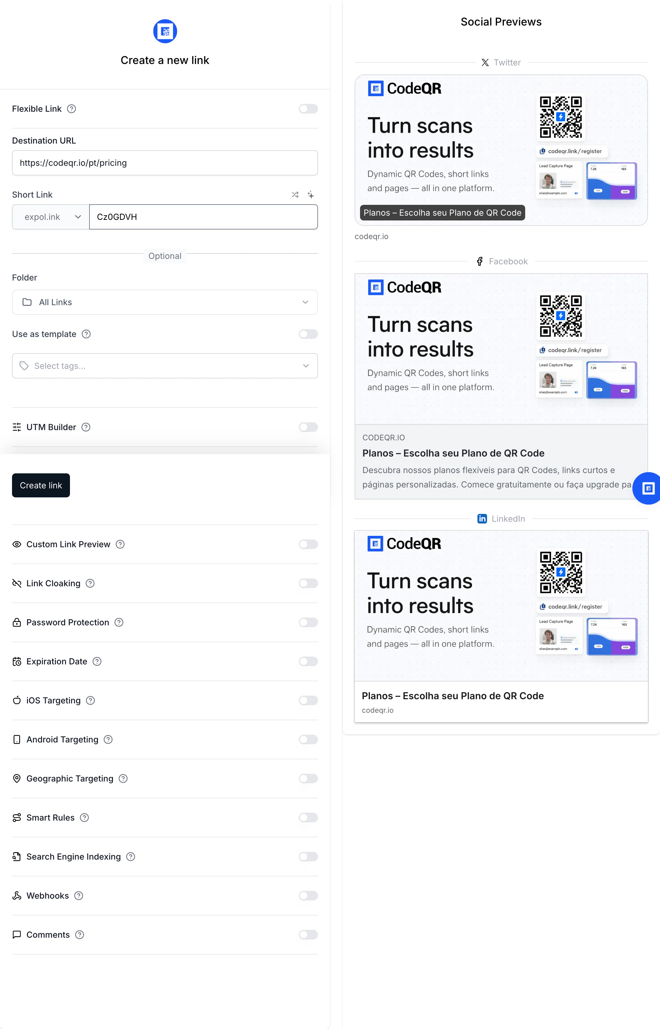 The link builder with every advanced option listed