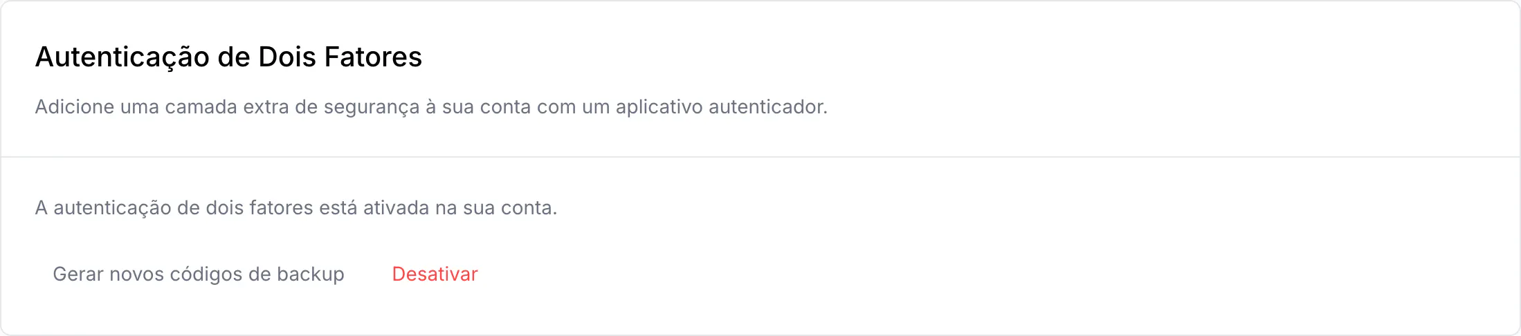 Cartão no estado ativado, com Gerar novos códigos de backup e Desativar
