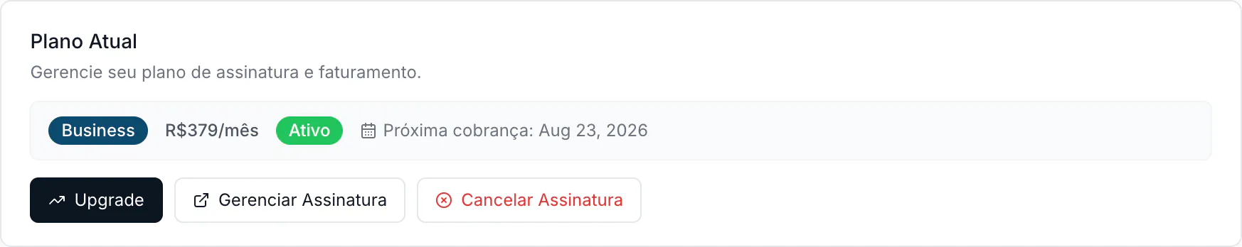 O card do plano atual com o valor, o status e a próxima cobrança