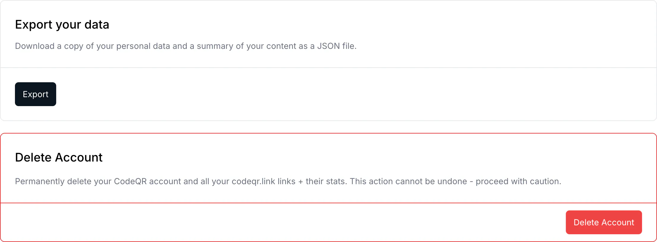 The Export your data card above the Delete Account card