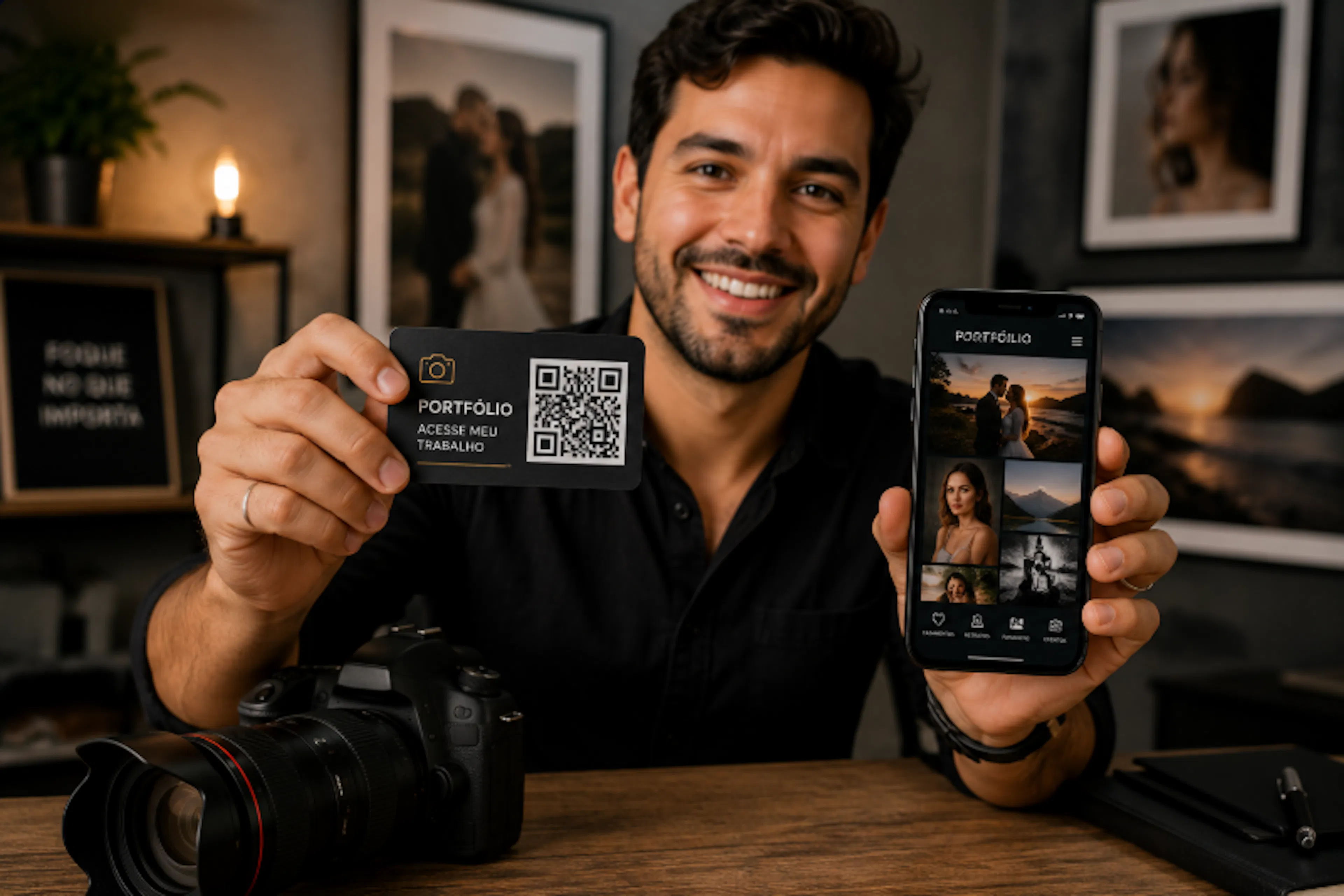 Texto alternativo	Fotógrafo mostrando um cartão com QR Code que leva ao portfólio online