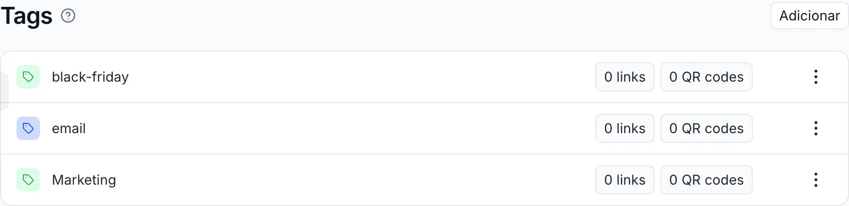 A página de tags listando três tags com as cores delas