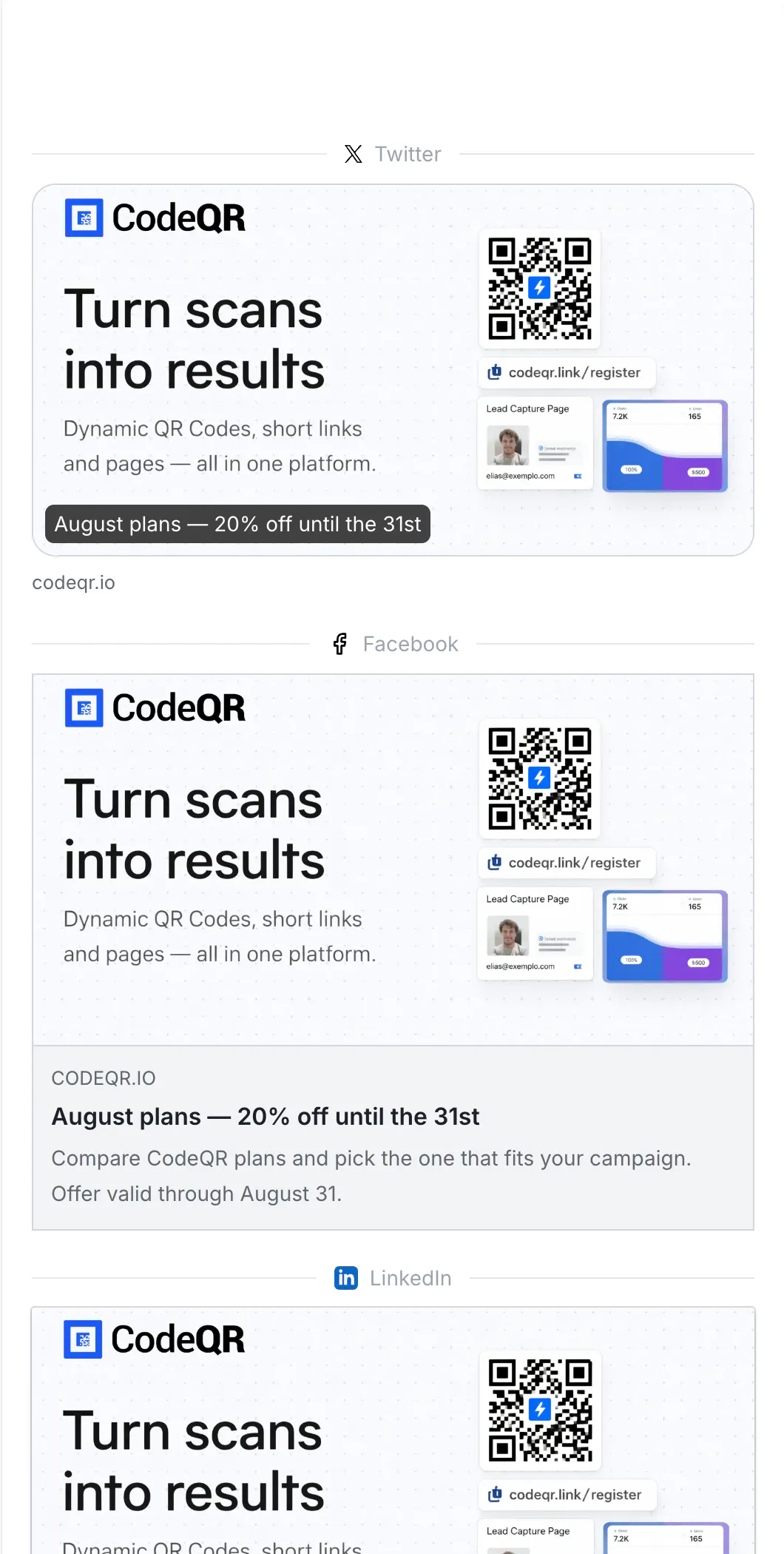 The Social Previews panel showing X, Facebook and LinkedIn cards