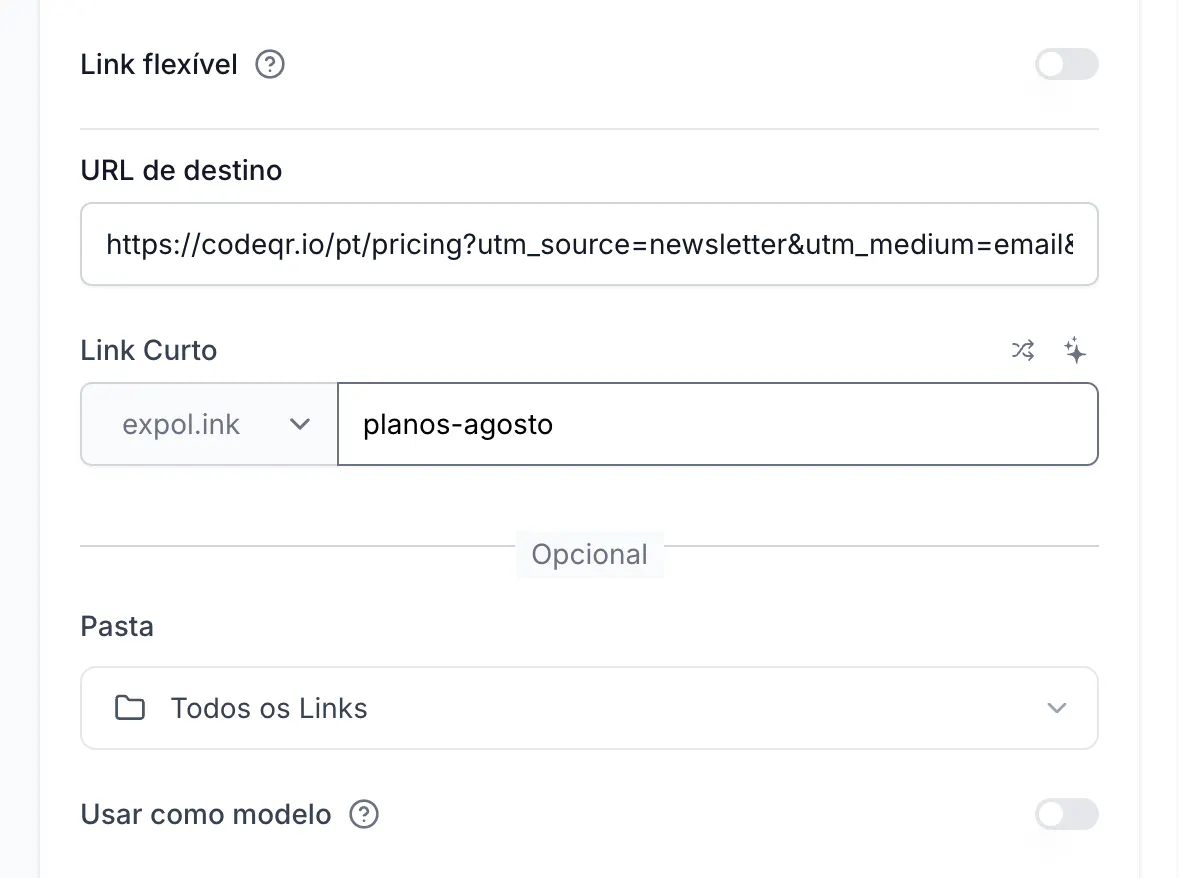 URL de destino, Link Curto, Pasta e Usar como modelo no construtor de links da CodeQR