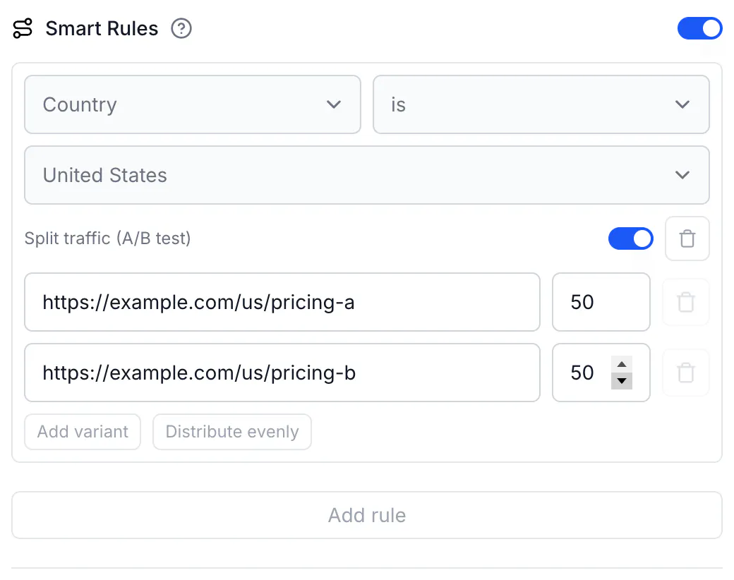 A rule Country is United States with Split traffic (A/B test) turned on and two variant URLs