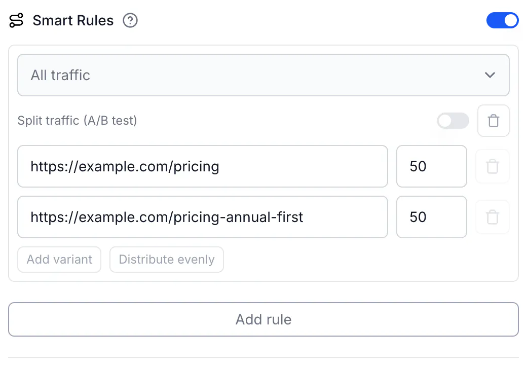 An All traffic rule with two variant URLs, https://example.com/pricing and https://example.com/pricing-annual-first, at 50 and 50, with Add variant and Distribute evenly buttons