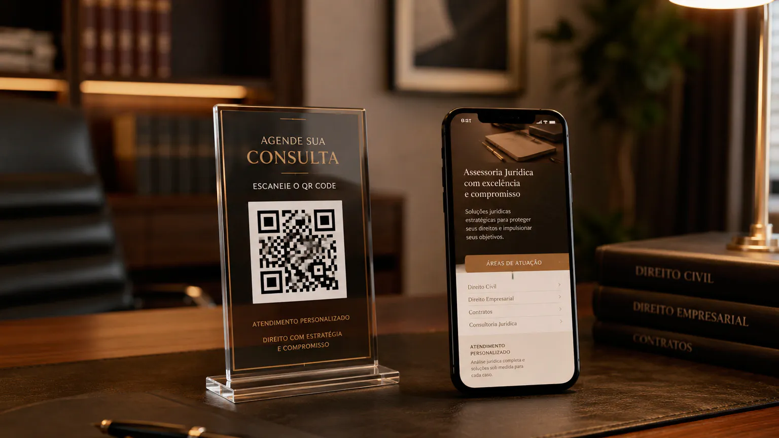 Cartão profissional de advogado com QR Code ao lado de um celular com página de contato