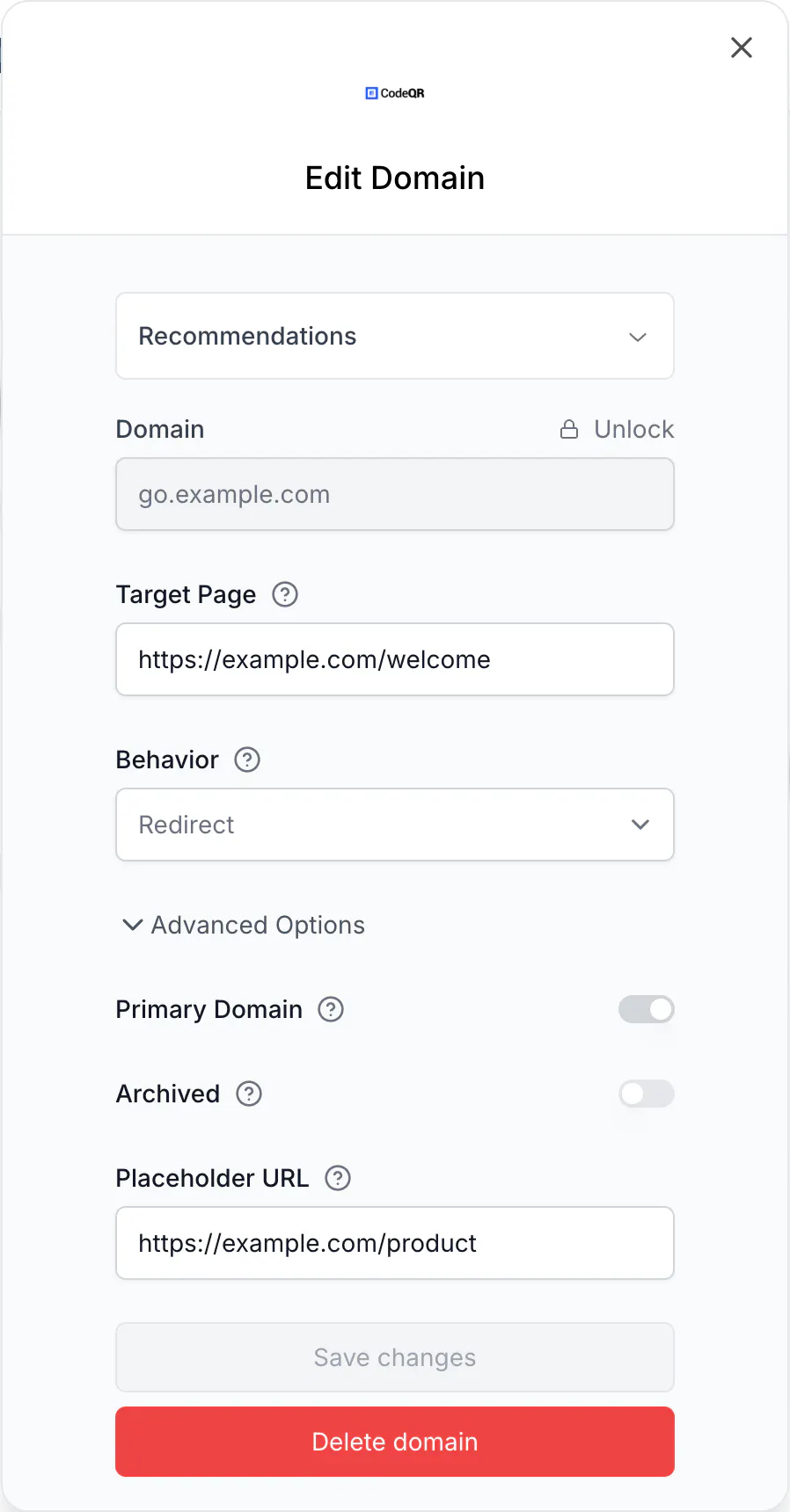 The Edit Domain modal with Target Page filled in, Behavior set to Redirect, and the advanced options open