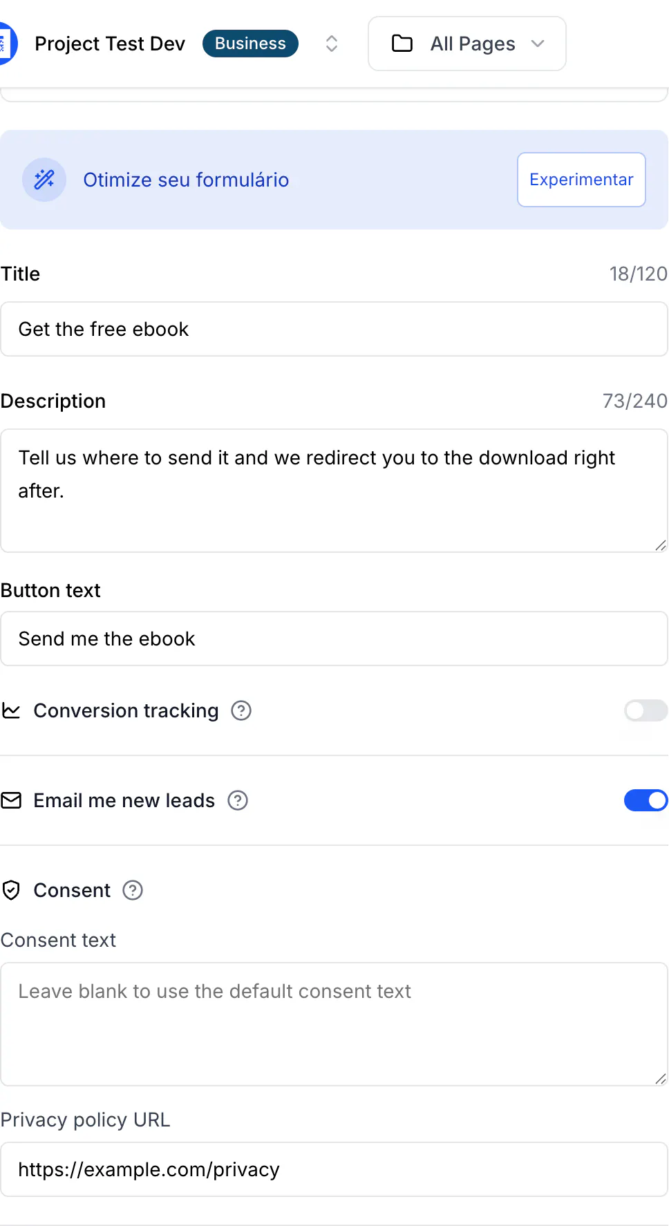 The Form Content card of a Newsletter Subscription page: Title, Description and Button text fields, Conversion tracking and Email me new leads switches, and the Consent section with a consent text box and a Privacy policy URL field