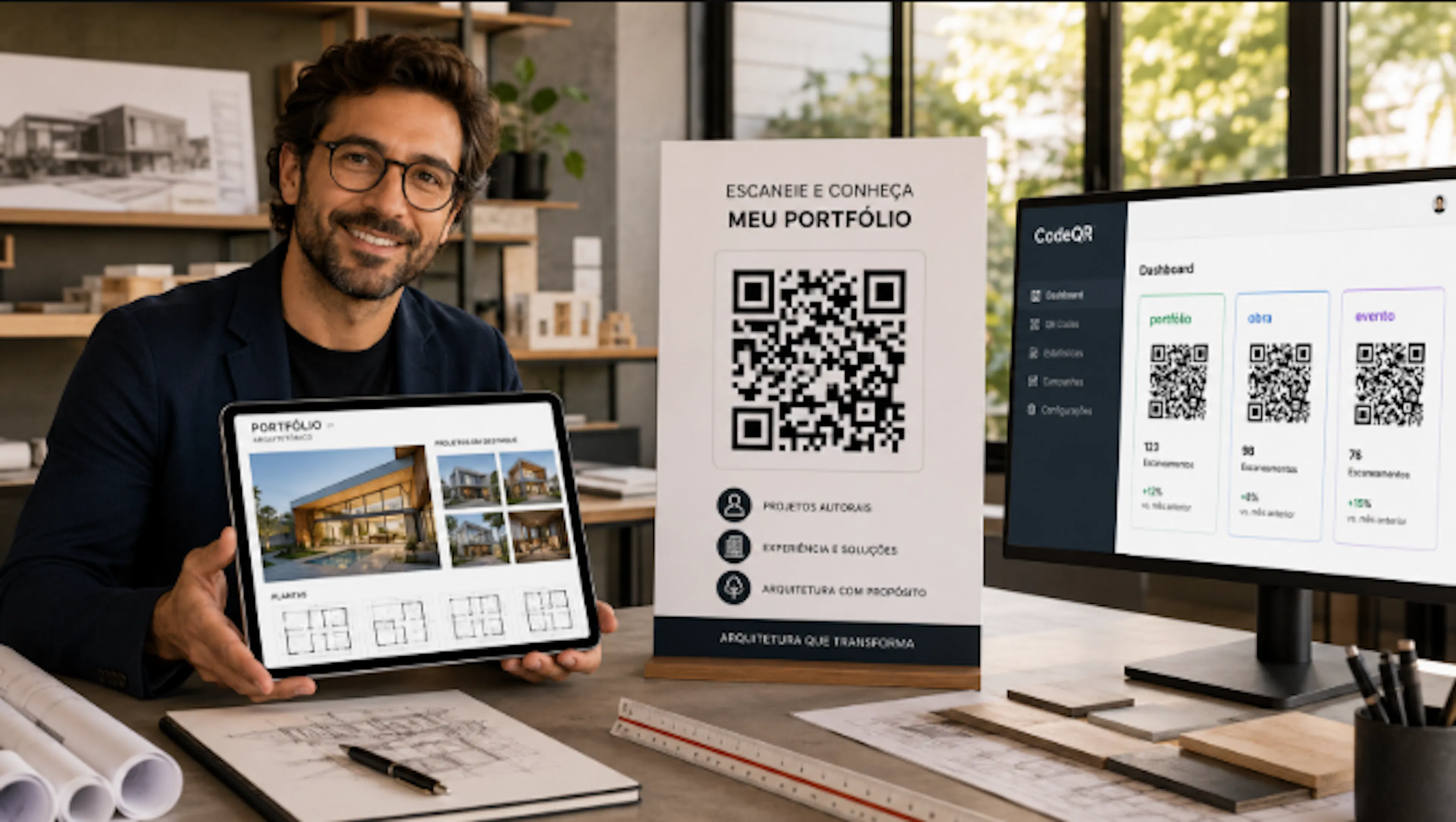 Arquiteto apresentando um portfólio em tablet ao lado de prancha com QR Code