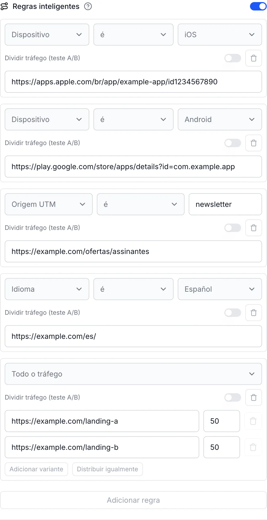 Cinco Regras inteligentes no construtor de links em ordem de avaliação: Dispositivo é iOS, Dispositivo é Android, Origem UTM é newsletter, Idioma é Español, e por fim Todo o tráfego dividido 50/50