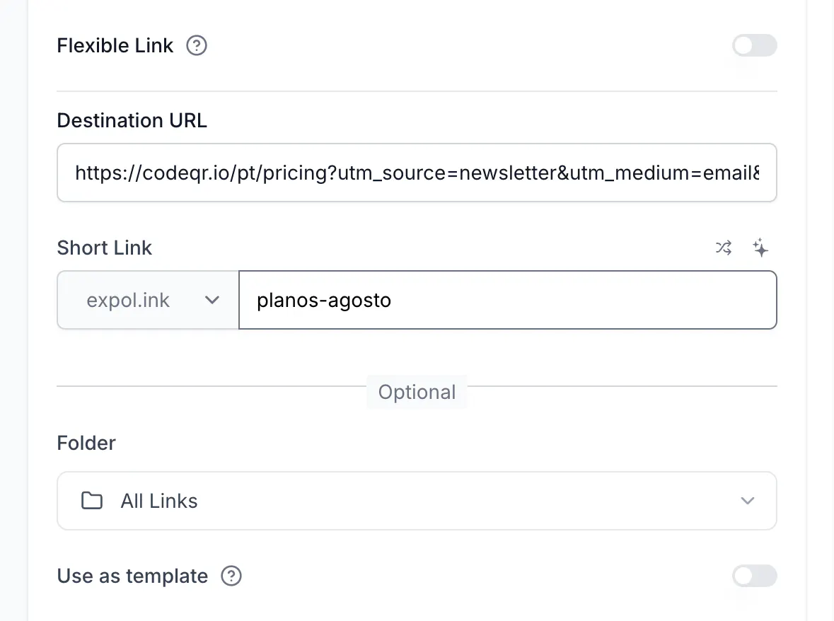 Destination URL, Short Link, Folder and Use as template in the CodeQR link builder
