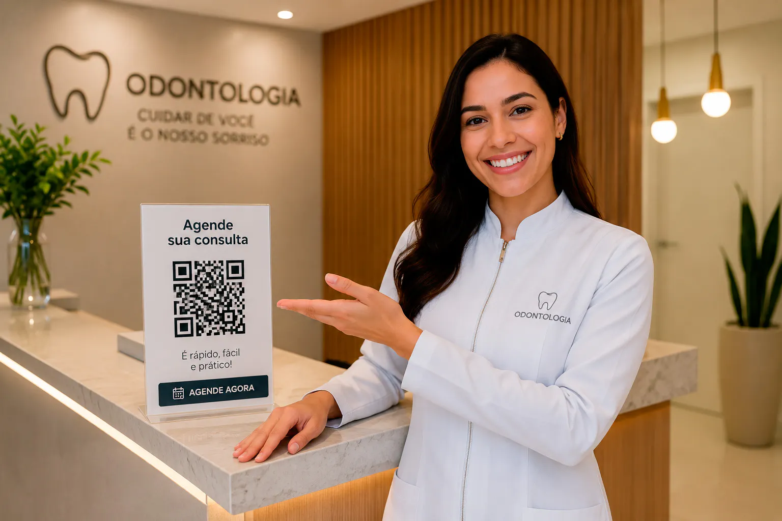 Texto alternativo Dentista apresentando um QR Code de agendamento na recepção do consultório
