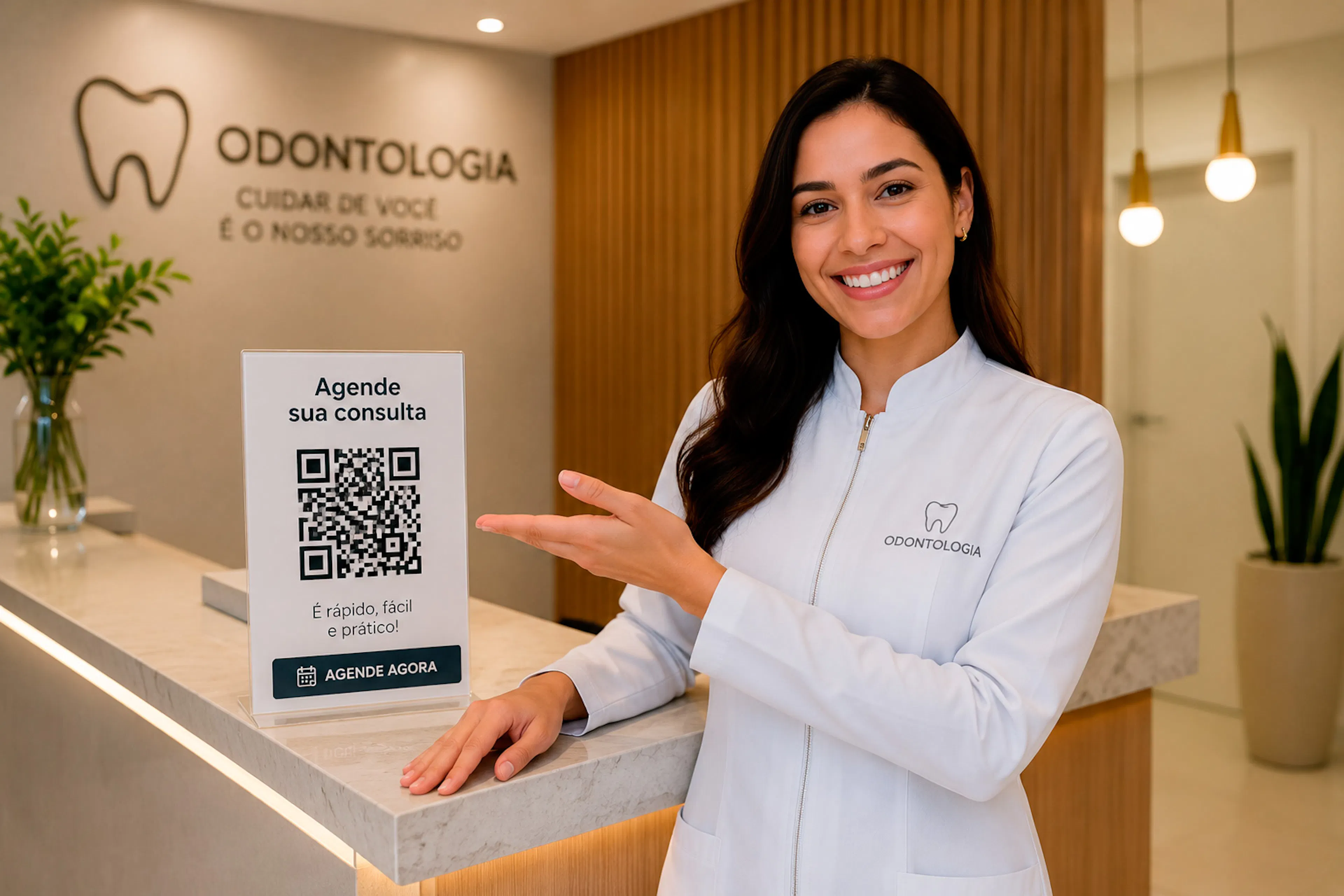 Texto alternativo	Dentista apresentando um QR Code de agendamento na recepção do consultório