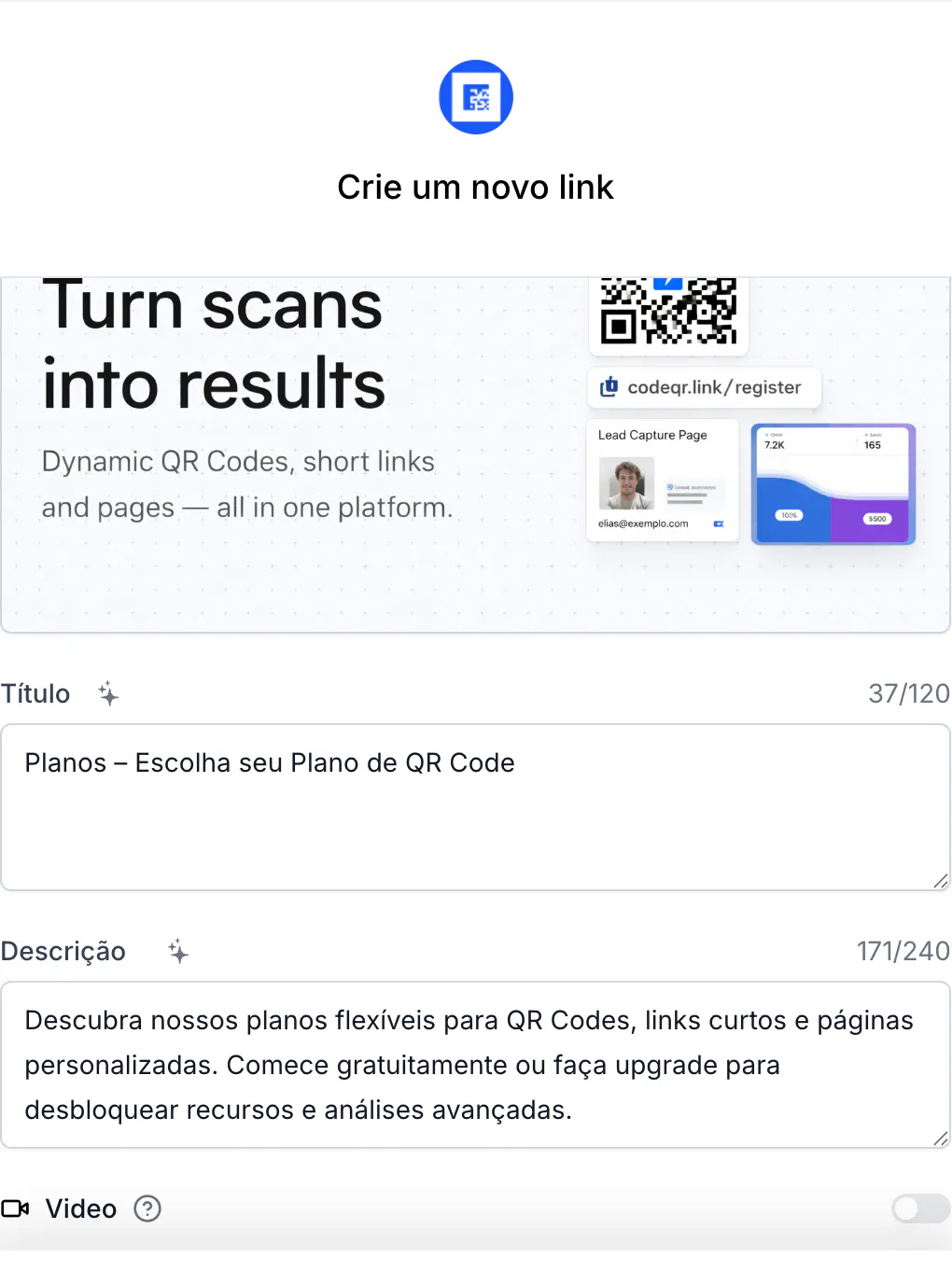 A seção Visualização de link personalizado com imagem, título e descrição
