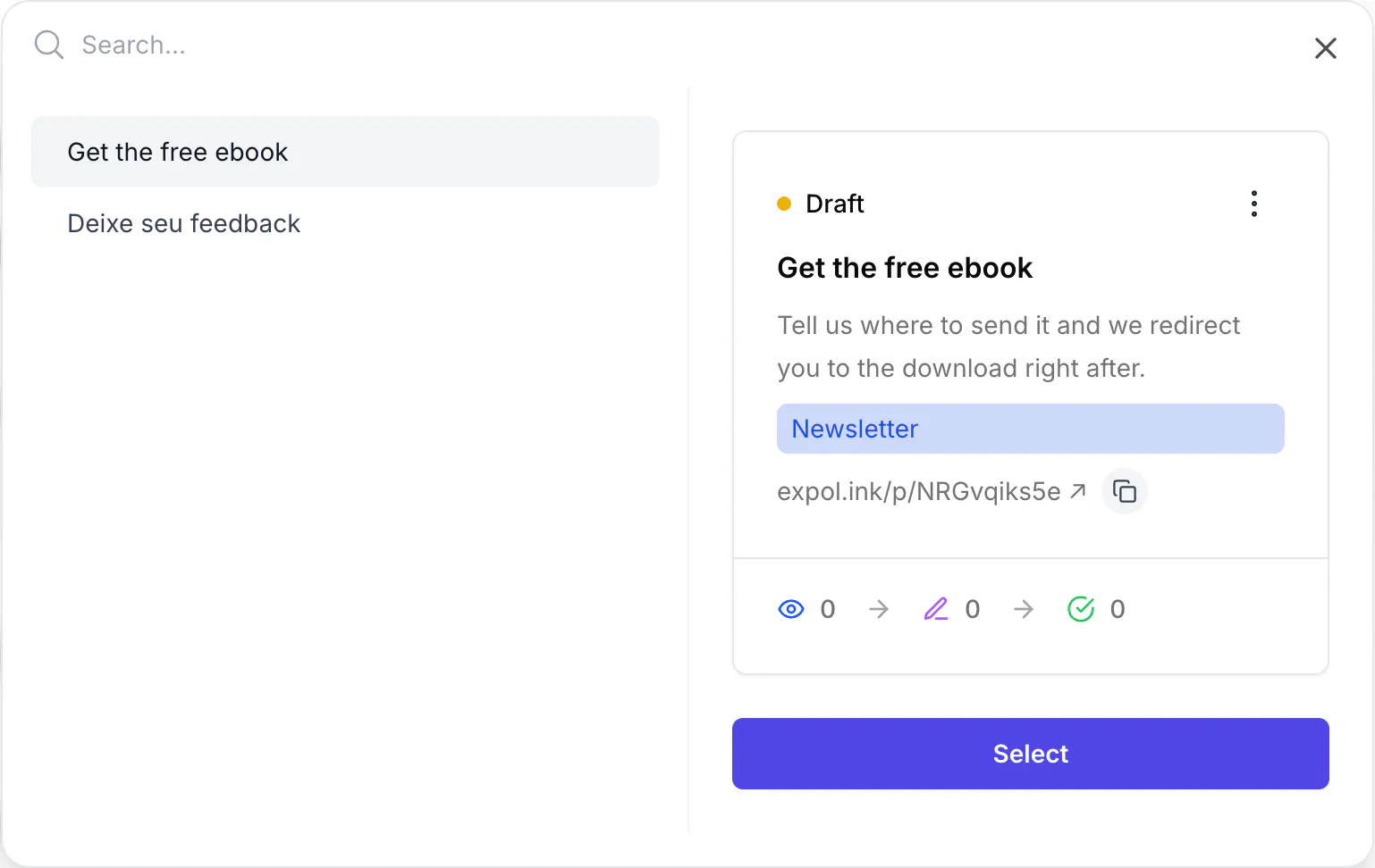 The Select Page picker: a search box, a list with the pages of the workspace, and a card for the selected page showing its status, title, description, type tag, public URL and a Select button